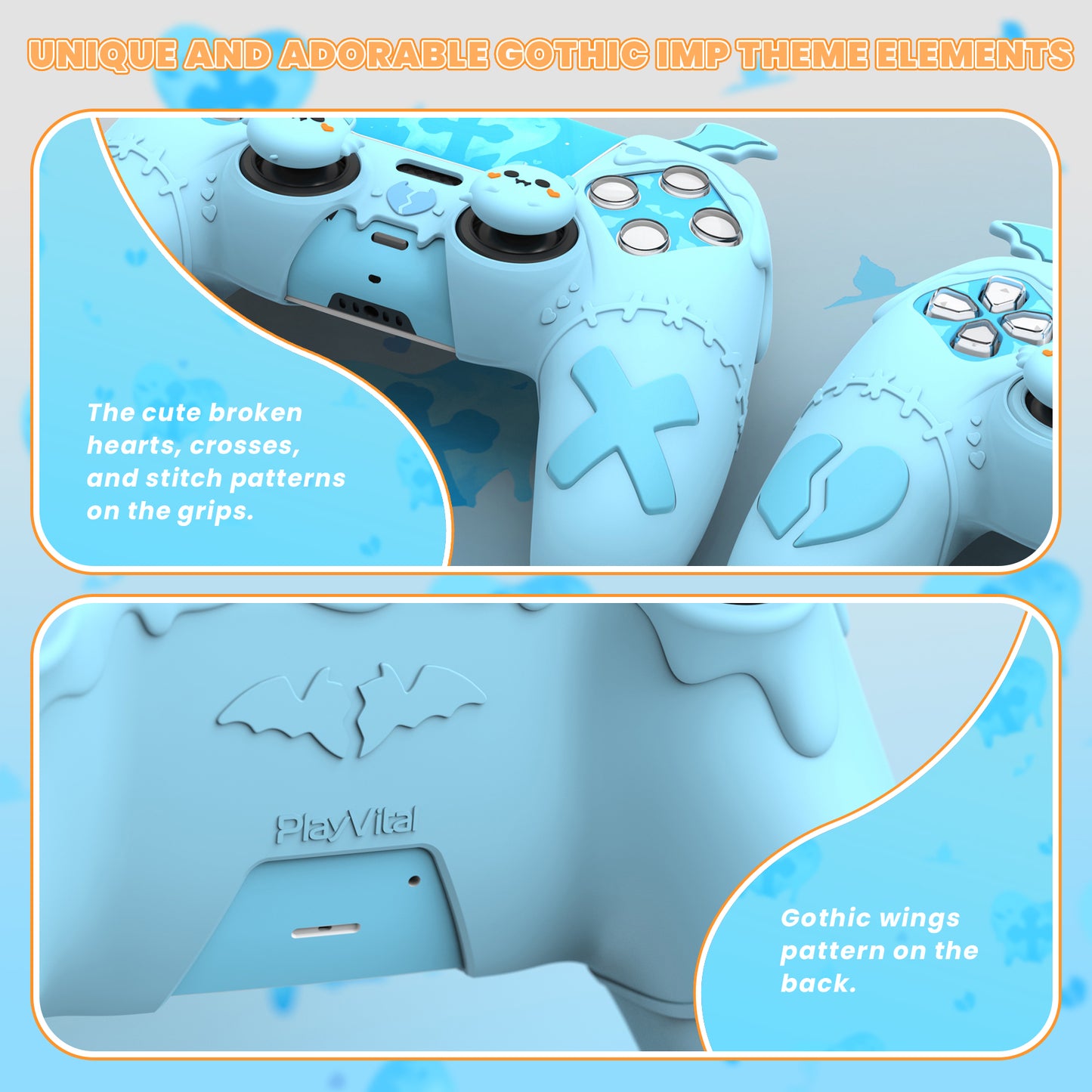 PlayVital ゴシックインプシリーズ かわいいシリコンケース(サムグリップとステッカー付き) PS5コントローラー用、PS5公式充電ドック対応【ブルー】