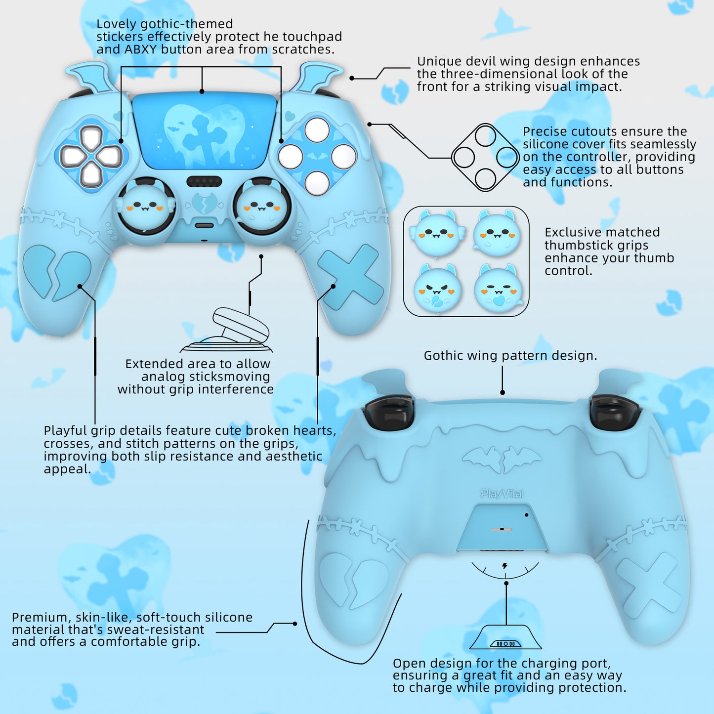 PlayVital ゴシックインプシリーズ かわいいシリコンケース(サムグリップとステッカー付き) PS5コントローラー用、PS5公式充電ドック対応【ブルー】