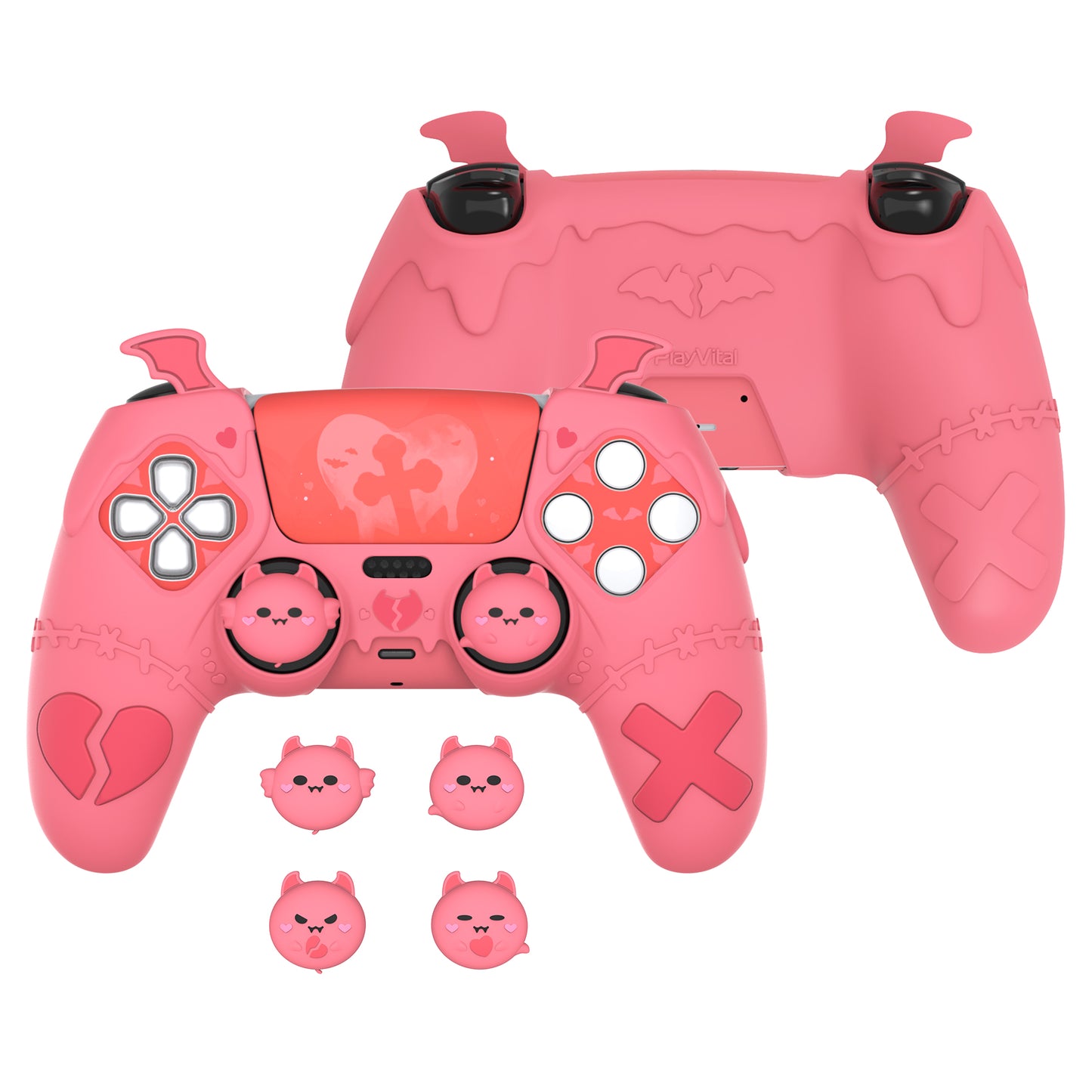 PlayVital ゴシックインプシリーズ かわいいシリコンケース(サムグリップとステッカー付き) PS5コントローラー用、PS5公式充電ドック対応【ピンク】