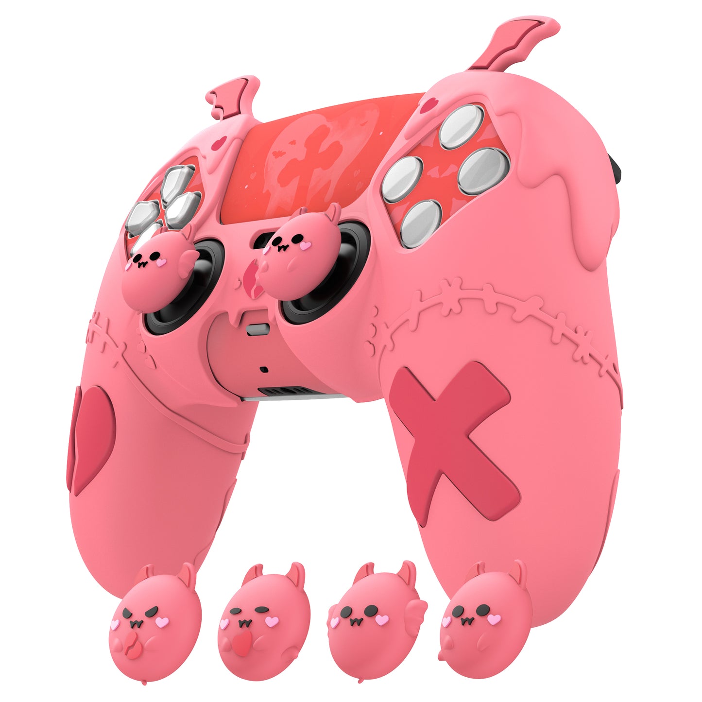 PlayVital ゴシックインプシリーズ かわいいシリコンケース(サムグリップとステッカー付き) PS5コントローラー用、PS5公式充電ドック対応【ピンク】