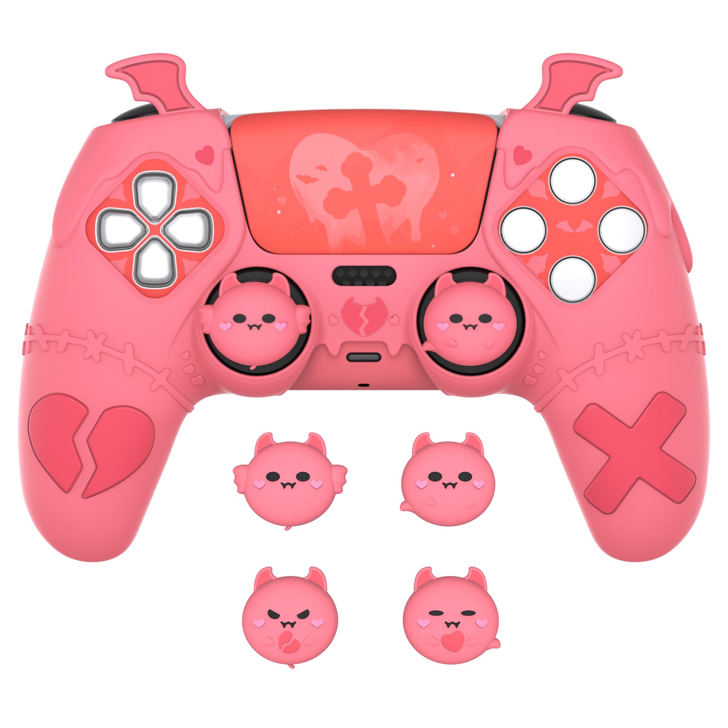 PlayVital ゴシックインプシリーズ かわいいシリコンケース(サムグリップとステッカー付き) PS5コントローラー用、PS5公式充電ドック対応【ピンク】