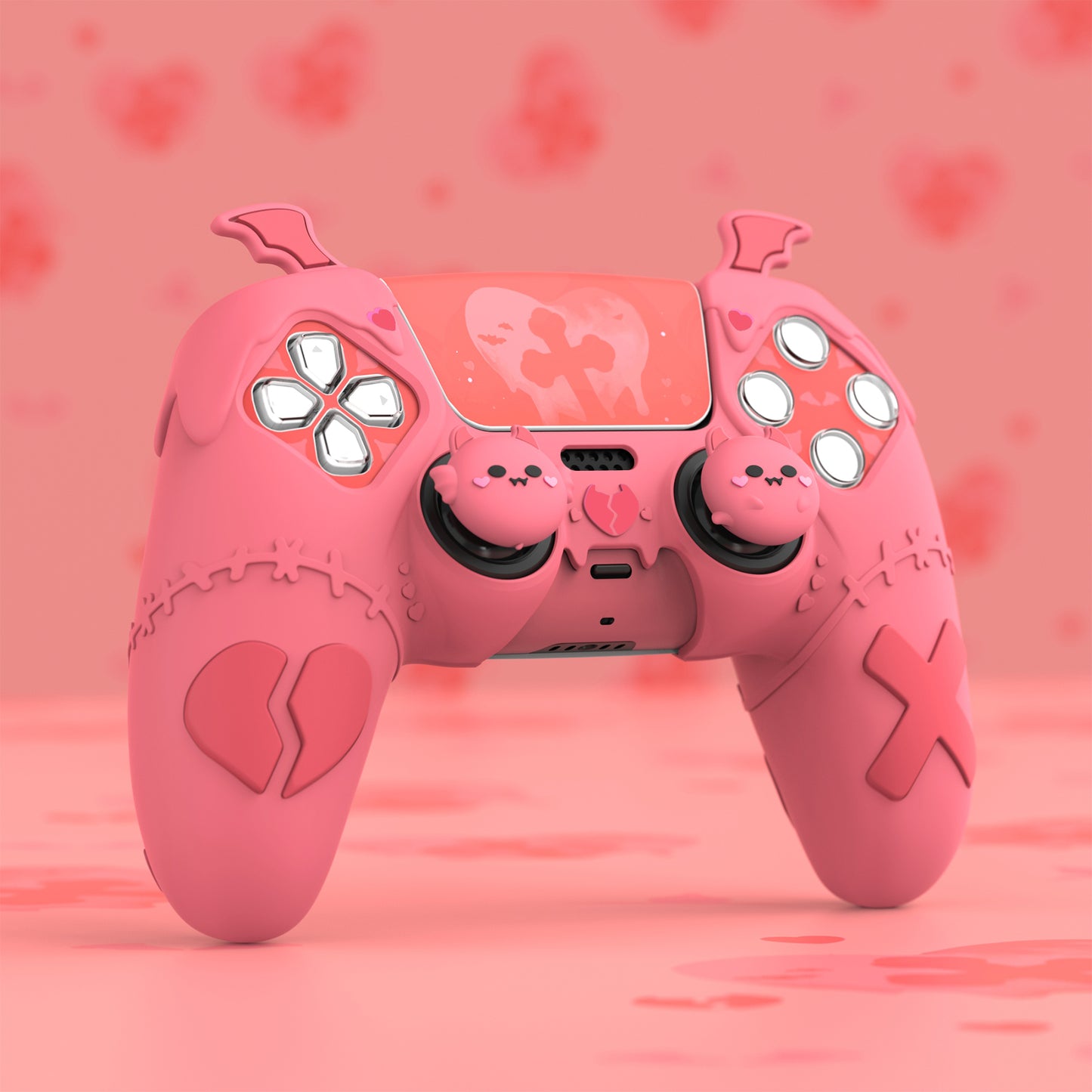 PlayVital ゴシックインプシリーズ かわいいシリコンケース(サムグリップとステッカー付き) PS5コントローラー用、PS5公式充電ドック対応【ピンク】