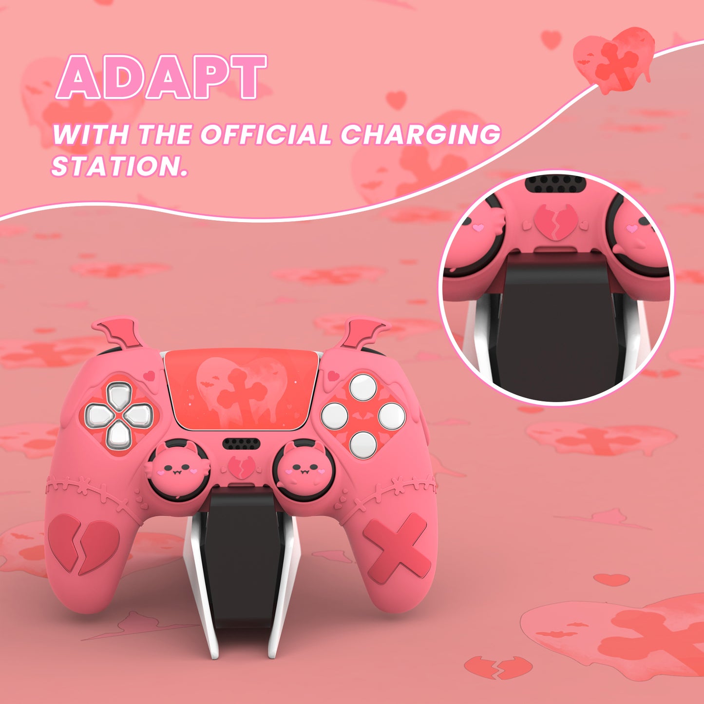 PlayVital ゴシックインプシリーズ かわいいシリコンケース(サムグリップとステッカー付き) PS5コントローラー用、PS5公式充電ドック対応【ピンク】