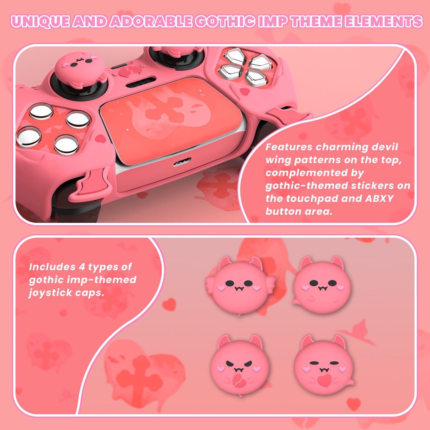 PlayVital ゴシックインプシリーズ かわいいシリコンケース(サムグリップとステッカー付き) PS5コントローラー用、PS5公式充電ドック対応【ピンク】