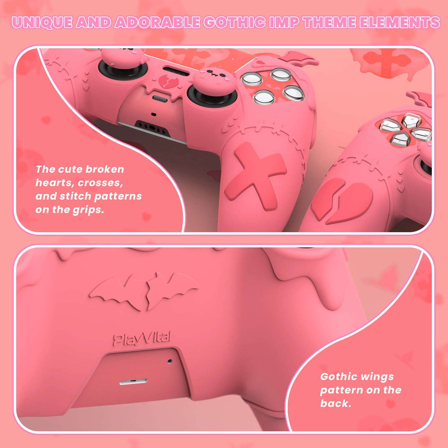 PlayVital ゴシックインプシリーズ かわいいシリコンケース(サムグリップとステッカー付き) PS5コントローラー用、PS5公式充電ドック対応【ピンク】