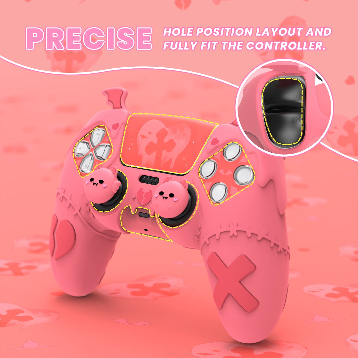 PlayVital ゴシックインプシリーズ かわいいシリコンケース(サムグリップとステッカー付き) PS5コントローラー用、PS5公式充電ドック対応【ピンク】