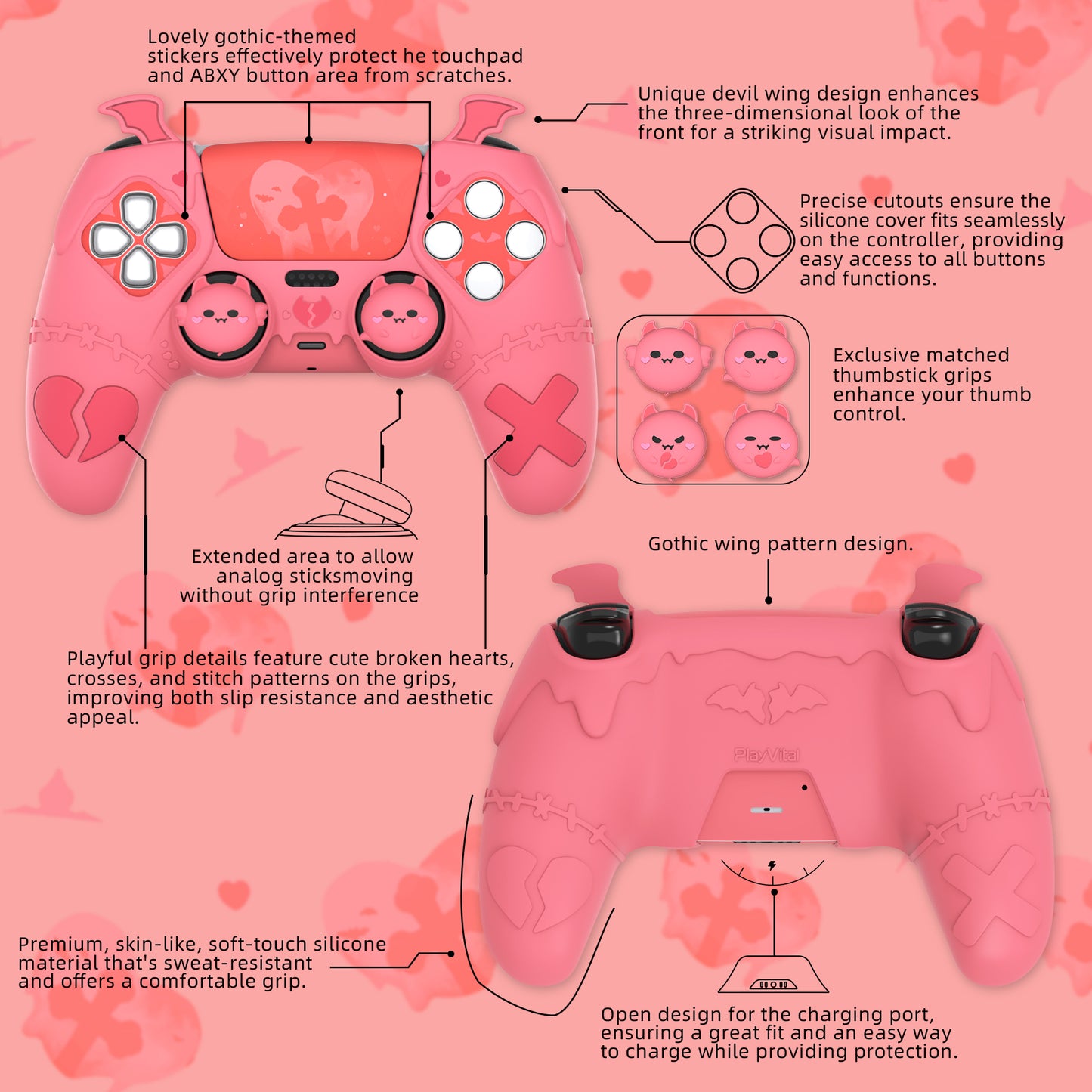 PlayVital ゴシックインプシリーズ かわいいシリコンケース(サムグリップとステッカー付き) PS5コントローラー用、PS5公式充電ドック対応【ピンク】