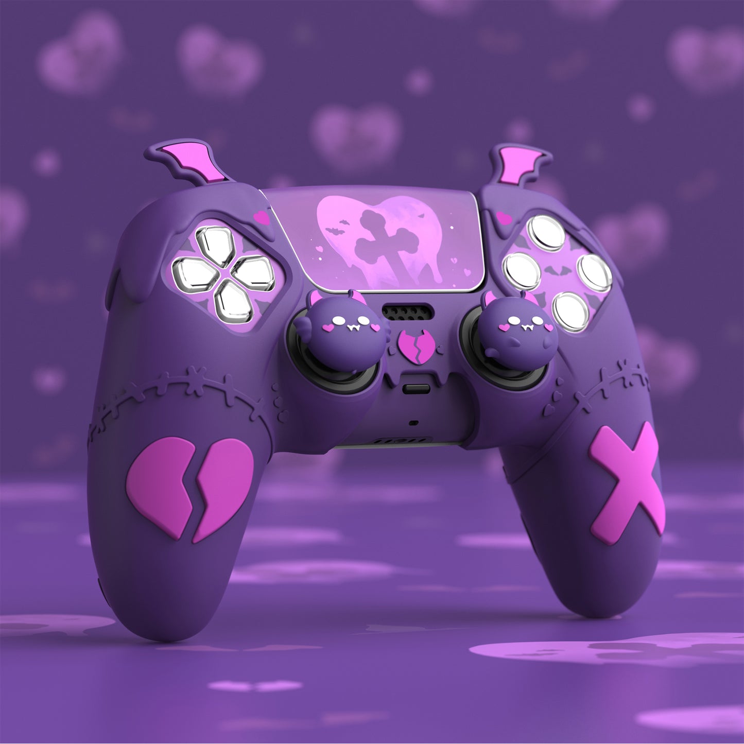 PlayVital ゴシックインプシリーズ かわいいシリコンケース(サムグリップとステッカー付き) PS5コントローラー用、PS5公式充電ドック対応【パープル】