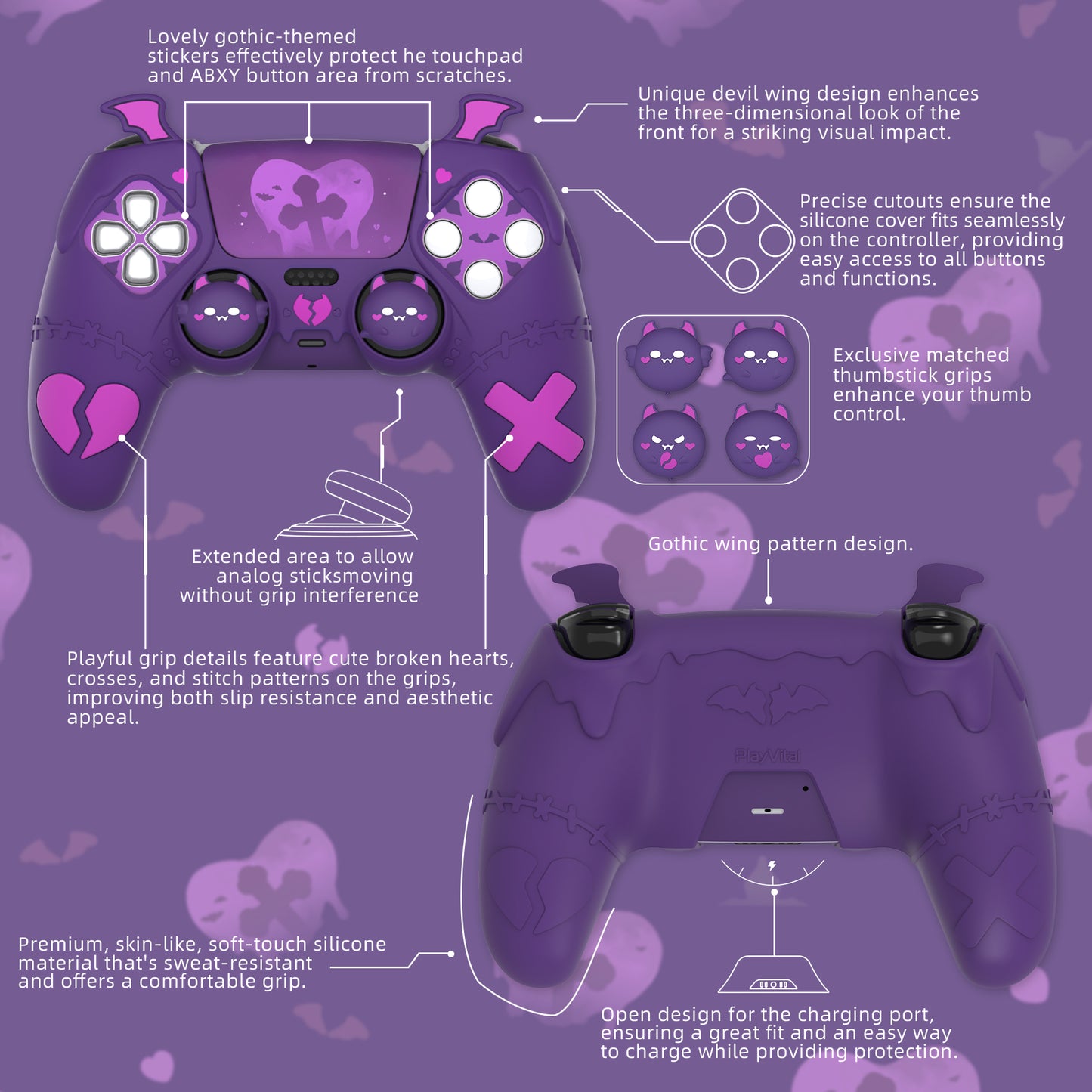 PlayVital ゴシックインプシリーズ かわいいシリコンケース(サムグリップとステッカー付き) PS5コントローラー用、PS5公式充電ドック対応【パープル】