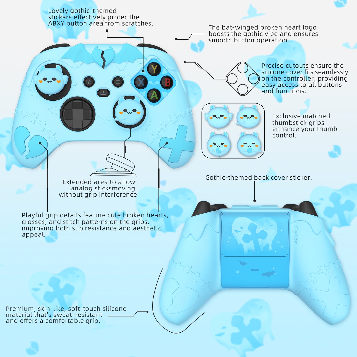PlayVital ゴシックインプシリーズ かわいいシリコンスキン Xbox Series X/S コントローラーおよび Xbox Core ワイヤレスコントローラー用【アクアブルー】