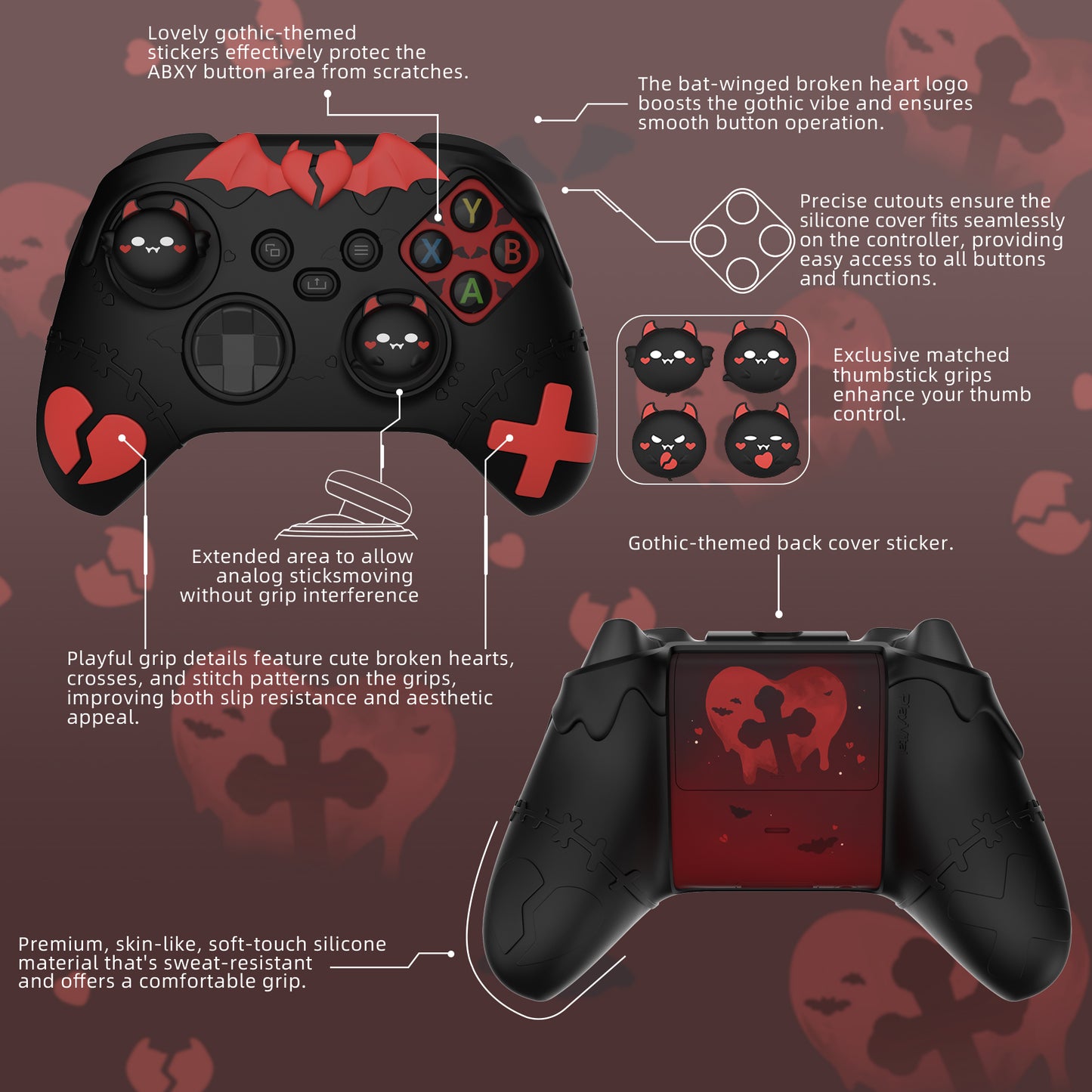PlayVital ゴシックインプシリーズ かわいいシリコンスキン Xbox Series X/S コントローラーおよび Xbox Core ワイヤレスコントローラー用【ブラック】