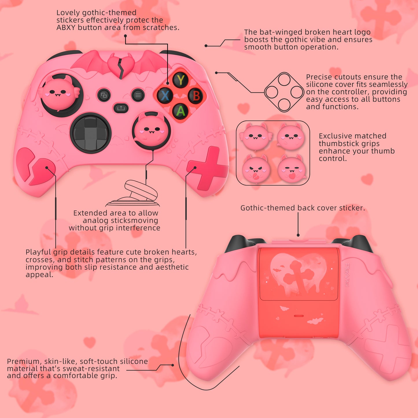 PlayVital ゴシックインプシリーズ かわいいシリコンスキン Xbox Series X/S コントローラーおよび Xbox Core ワイヤレスコントローラー用【ピーチピンク】