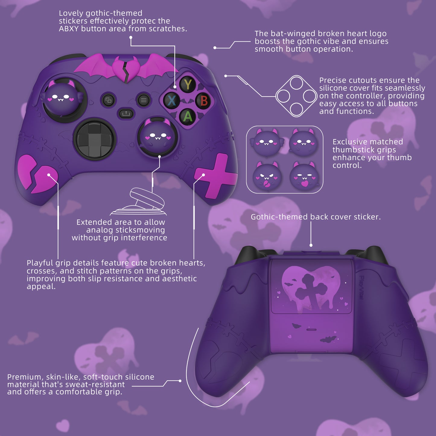 PlayVital ゴシックインプシリーズ かわいいシリコンスキン Xbox Series X/S コントローラーおよび Xbox Core ワイヤレスコントローラー用【パープル】