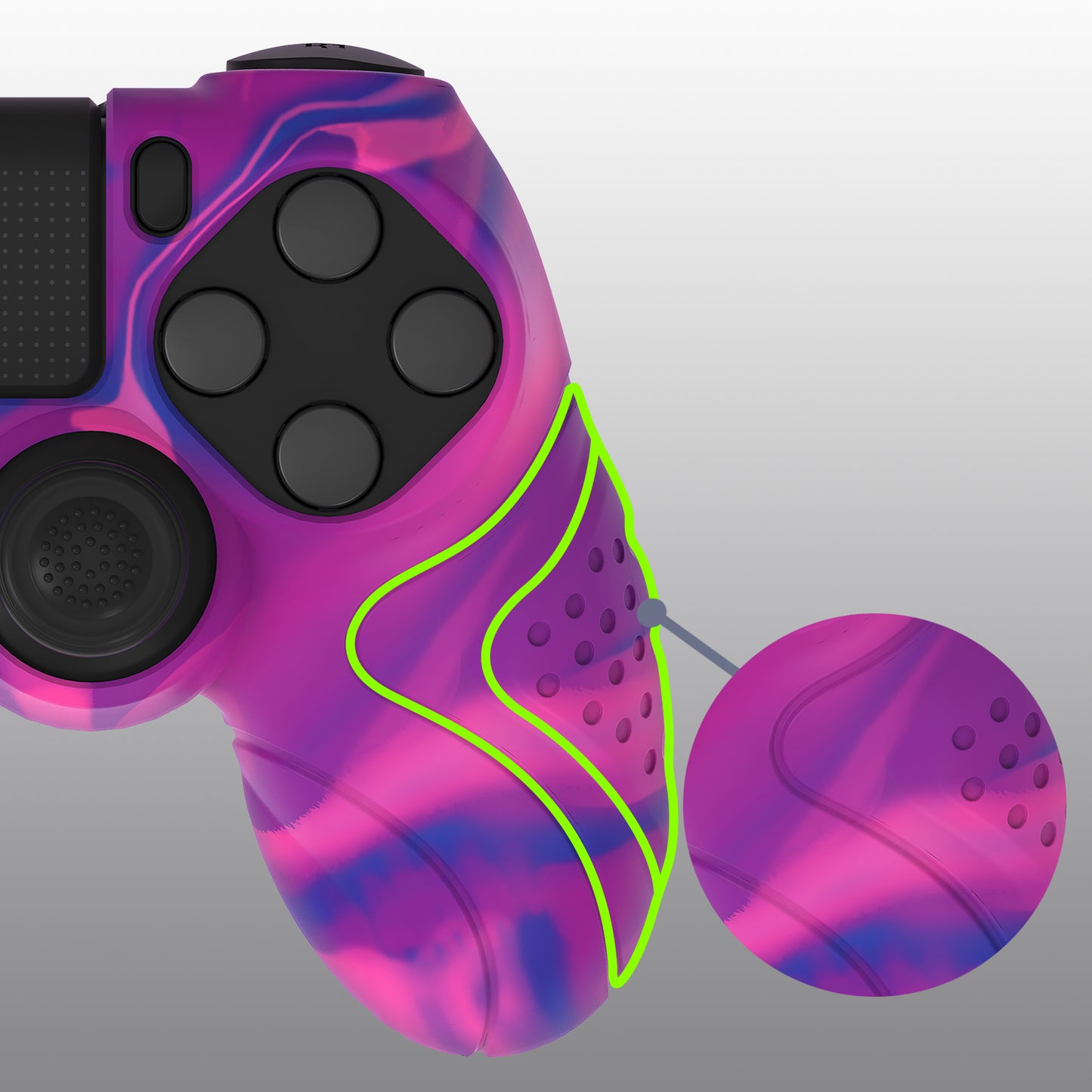PlayVital Guardian Edition 滑り止めシリコンカバースキン サムグリップキャップ付き PS4 ワイヤレスコントローラー用【ピンク&パープル&ブルー】