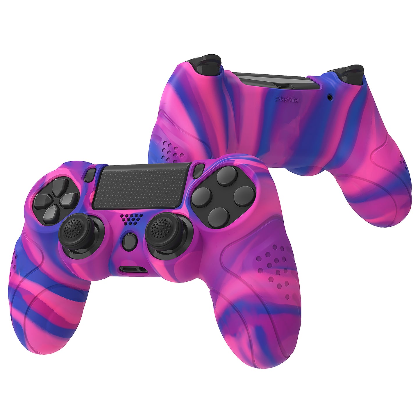 PlayVital Guardian Edition 滑り止めシリコンカバースキン サムグリップキャップ付き PS4 ワイヤレスコントローラー用【ピンク&パープル&ブルー】