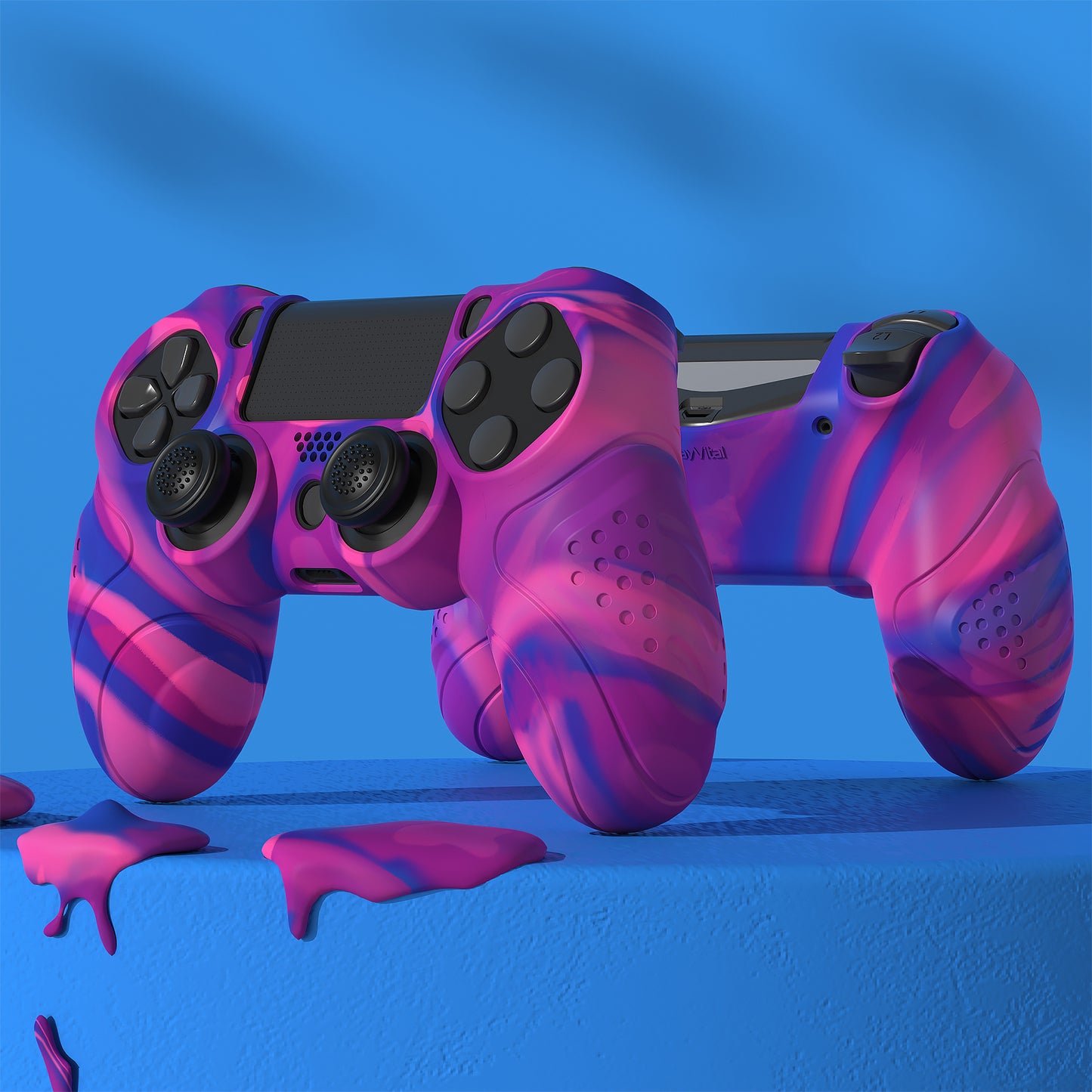 PlayVital Guardian Edition 滑り止めシリコンカバースキン サムグリップキャップ付き PS4 ワイヤレスコントローラー用【ピンク&パープル&ブルー】