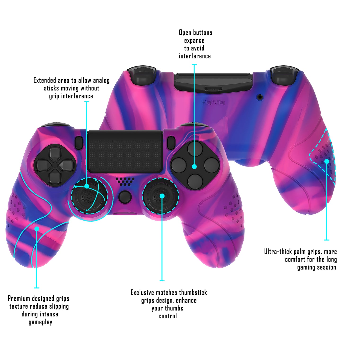 PlayVital Guardian Edition 滑り止めシリコンカバースキン サムグリップキャップ付き PS4 ワイヤレスコントローラー用【ピンク&パープル&ブルー】