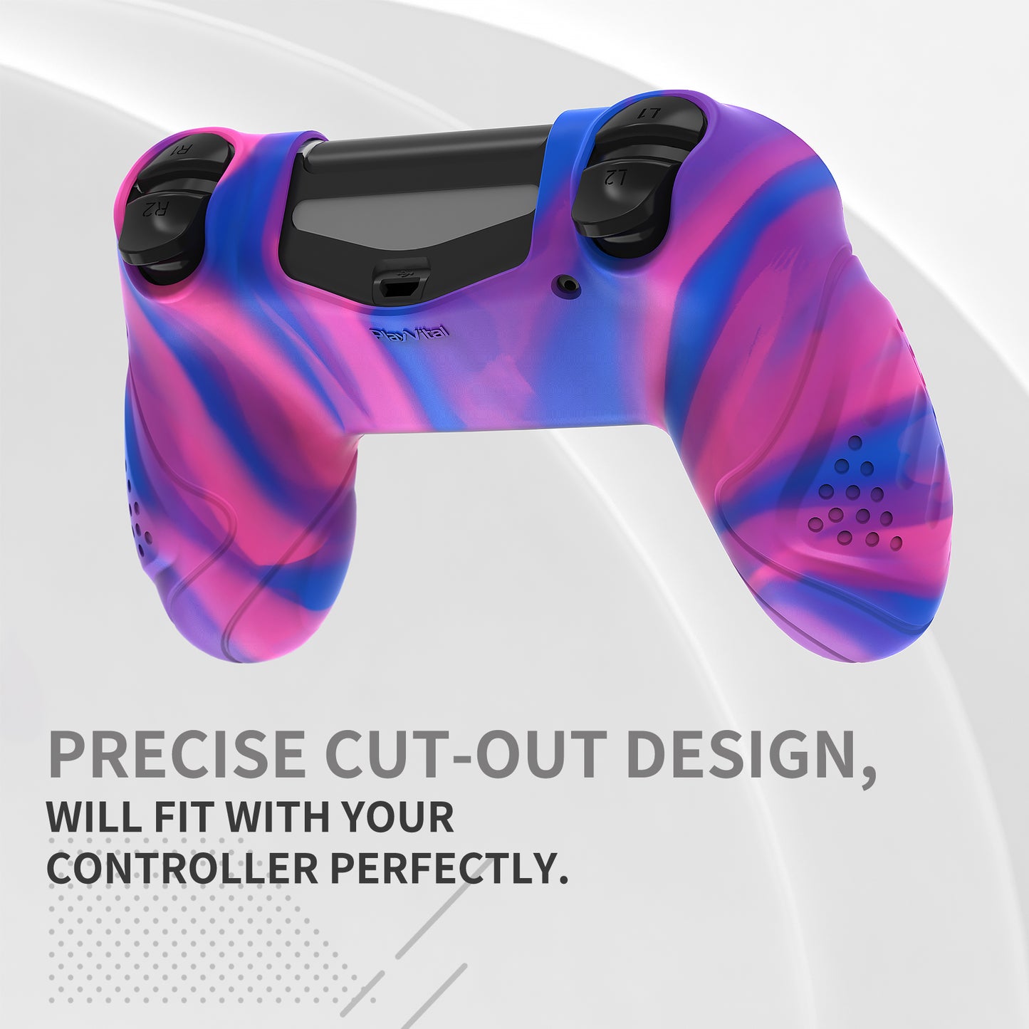 PlayVital Guardian Edition 滑り止めシリコンカバースキン サムグリップキャップ付き PS4 ワイヤレスコントローラー用【ピンク&パープル&ブルー】