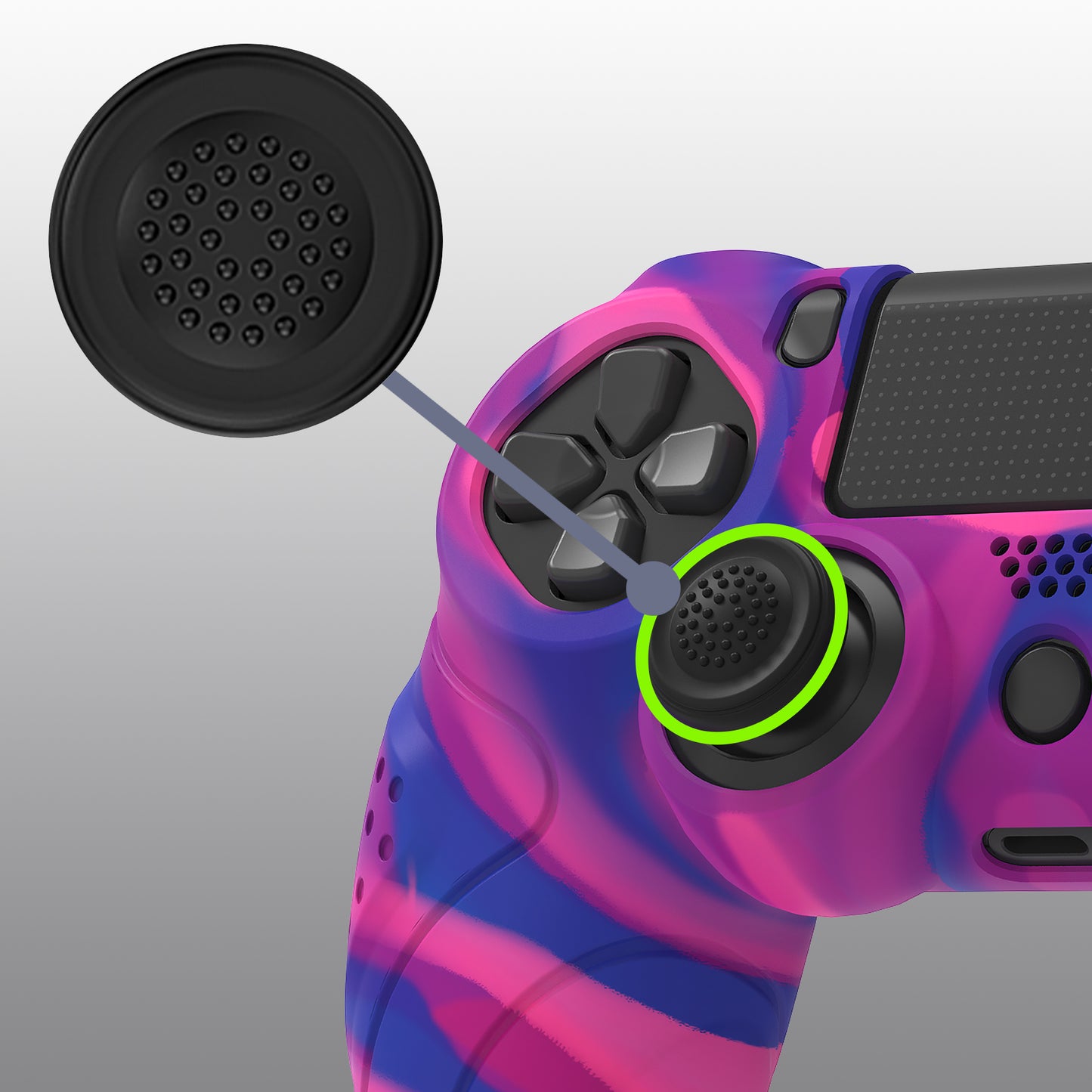 PlayVital Guardian Edition 滑り止めシリコンカバースキン サムグリップキャップ付き PS4 ワイヤレスコントローラー用【ピンク&パープル&ブルー】
