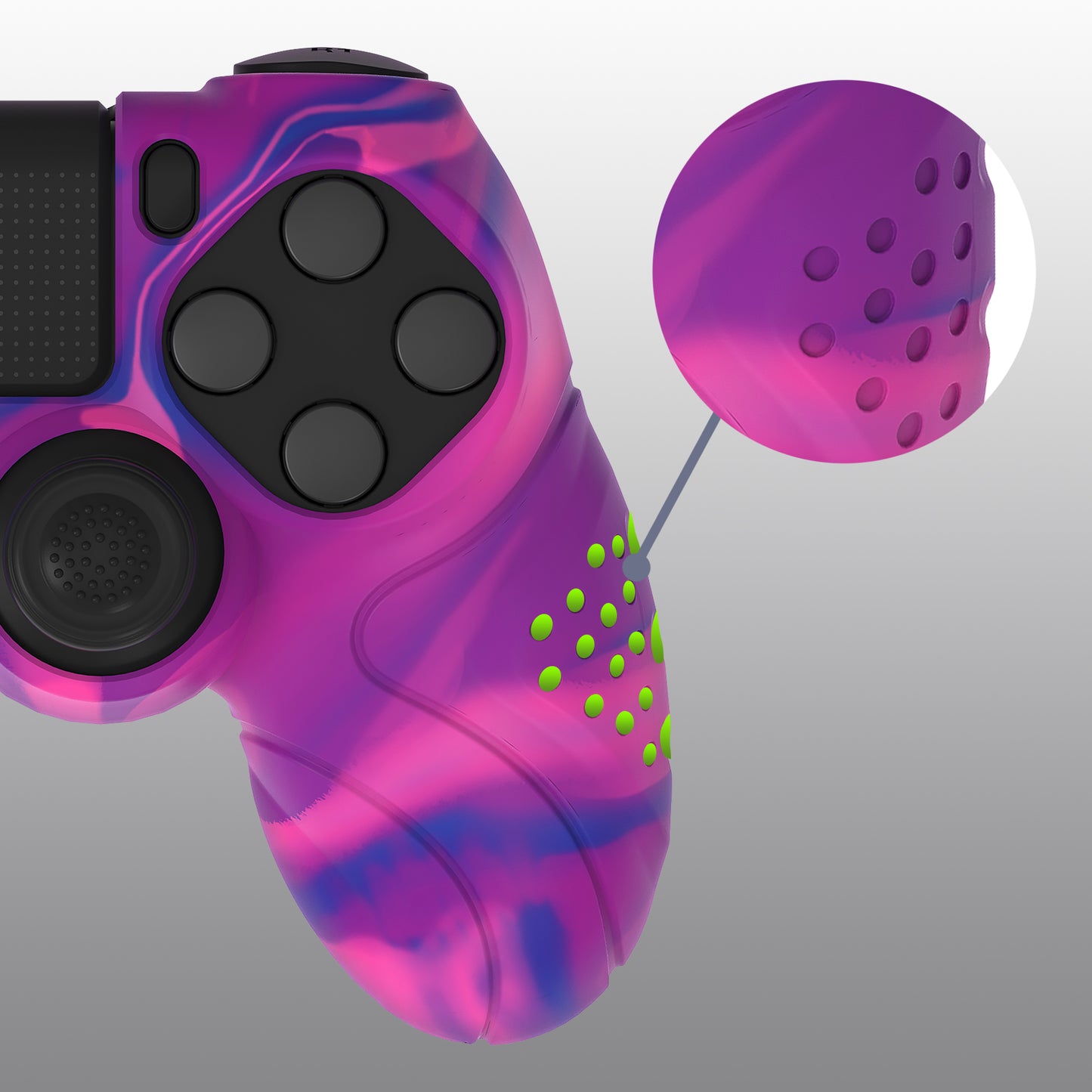 PlayVital Guardian Edition 滑り止めシリコンカバースキン サムグリップキャップ付き PS4 ワイヤレスコントローラー用【ピンク&パープル&ブルー】