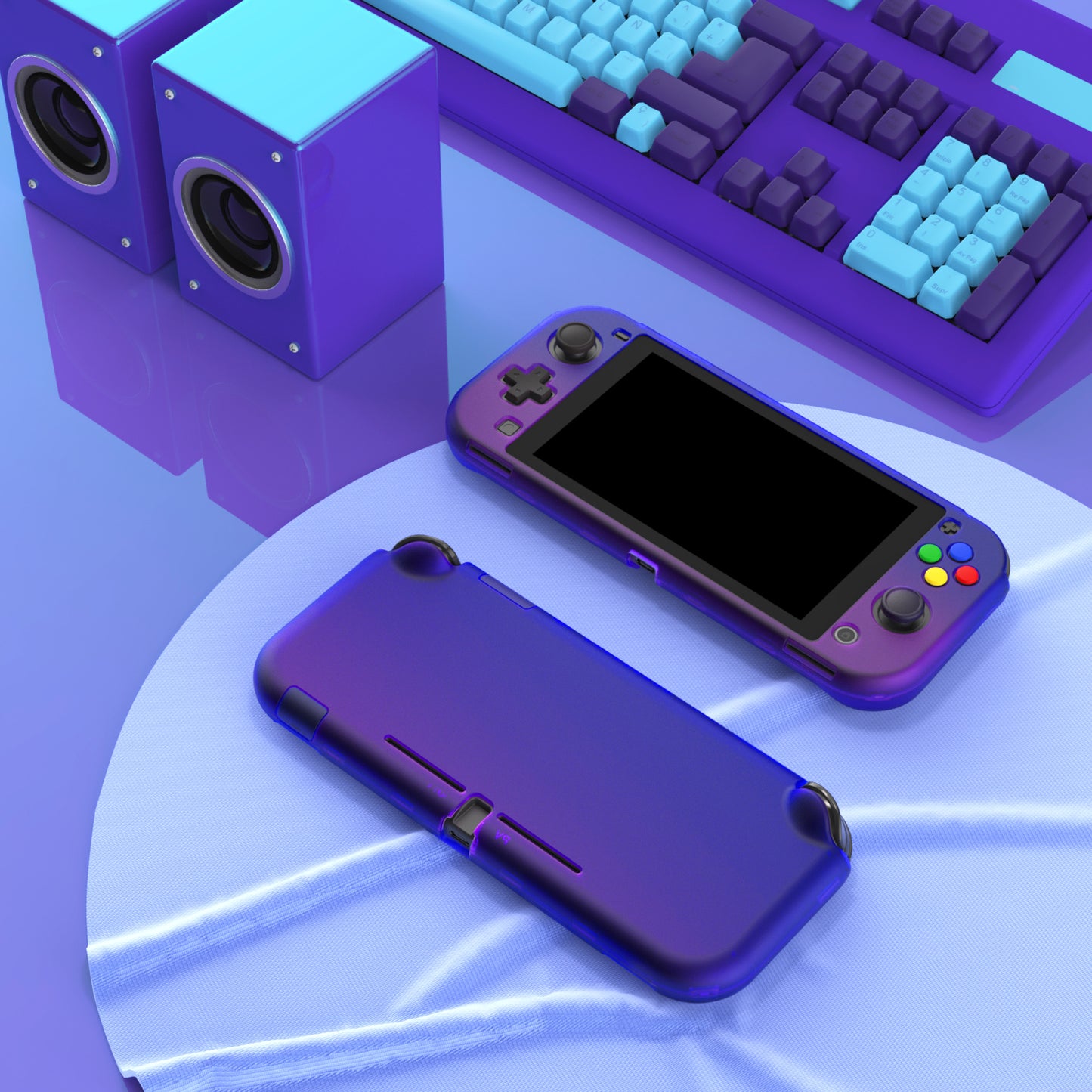 PlayVital ハードシェル保護ケース (スクリーンプロテクター、サムグリップキャップ、ボタンキャップ付き) Switch Lite 用【グラデーション クリアブルーベル】
