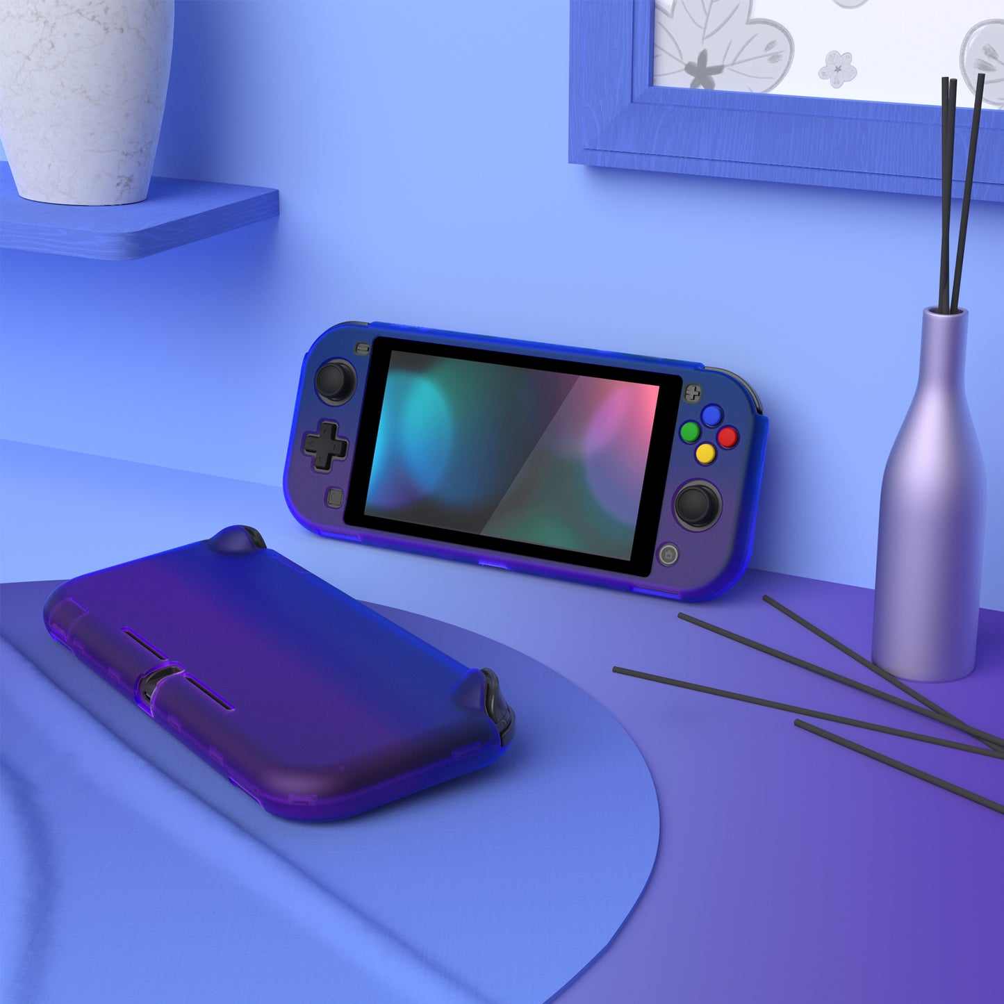 PlayVital ハードシェル保護ケース (スクリーンプロテクター、サムグリップキャップ、ボタンキャップ付き) Switch Lite 用【グラデーション クリアブルーベル】