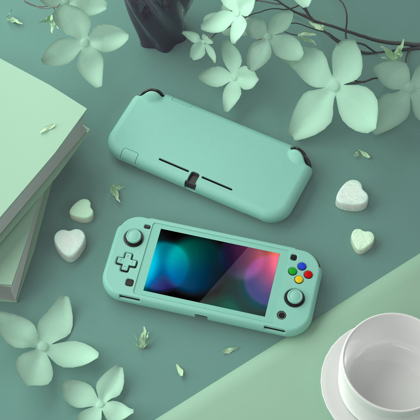 PlayVital ハードシェル保護ケース (スクリーンプロテクター、サムグリップキャップ、ボタンキャップ付き) Switch Lite 用【ミスティ グリーン】