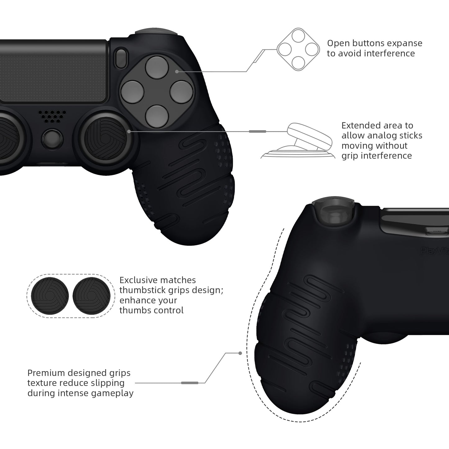 PlayVital Line & Dot シリコン カバー スキン サムグリップキャップ付き PS4 Slim Pro コントローラー用 【ブラック】