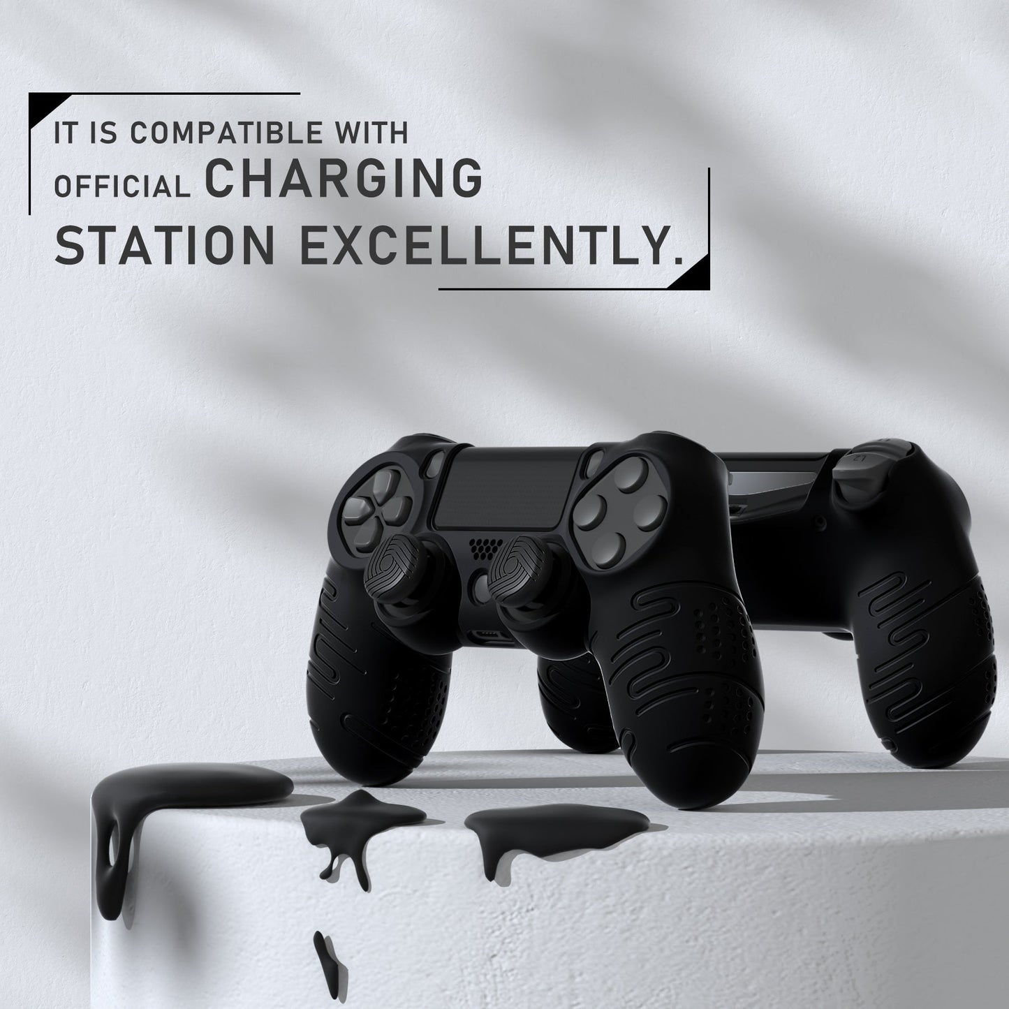 PlayVital Line & Dot シリコン カバー スキン サムグリップキャップ付き PS4 Slim Pro コントローラー用 【ブラック】