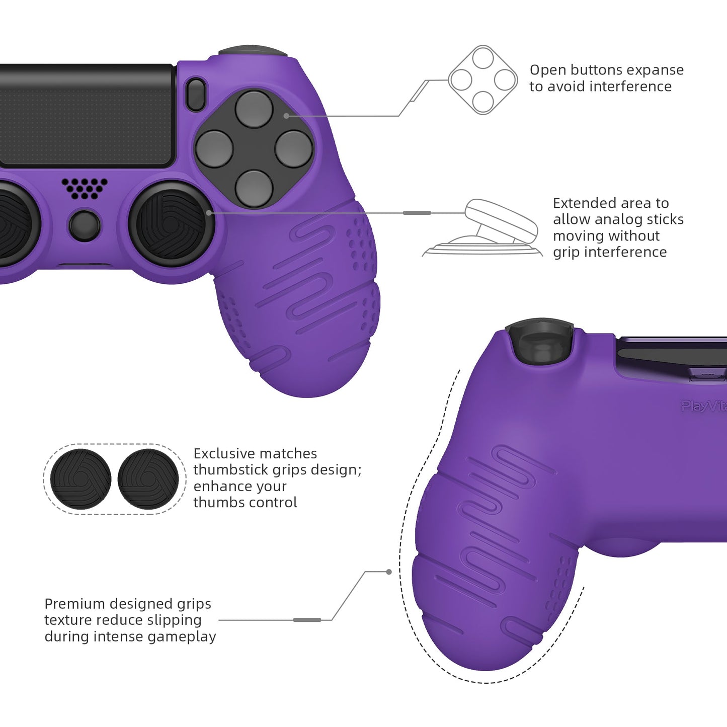 PlayVital Line & Dot シリコン カバー スキン サムグリップキャップ付き PS4 Slim Pro コントローラー用【パープル】