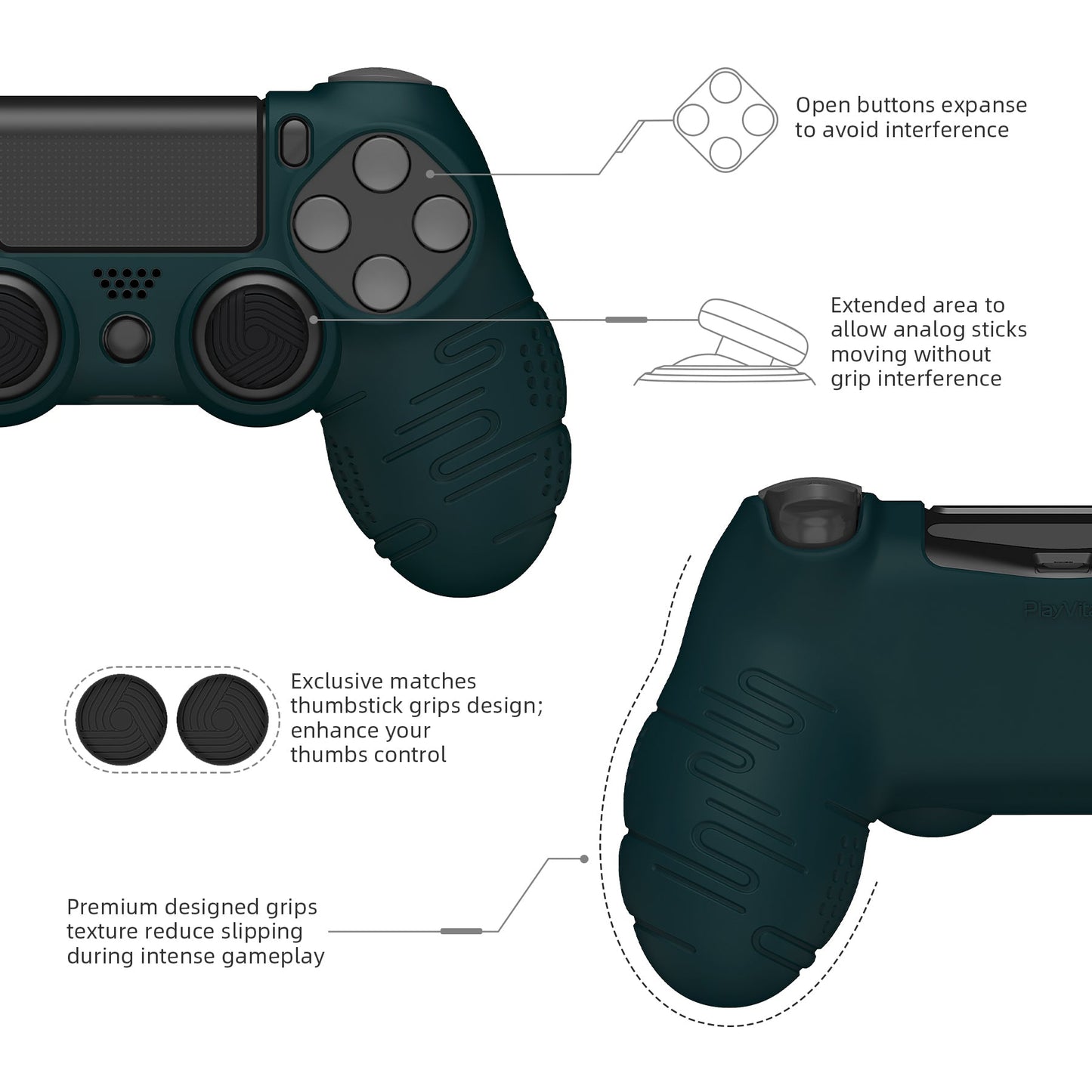 PlayVital Line & Dot シリコン カバー スキン サムグリップキャップ付き PS4 Slim Pro コントローラー用【レーシンググリーン】