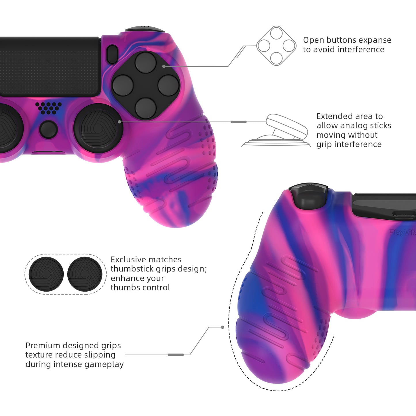 PlayVital Line & Dot シリコン カバー スキン サムグリップキャップ付き PS4 Slim Pro コントローラー用【ピンク&パープル&ブルー】