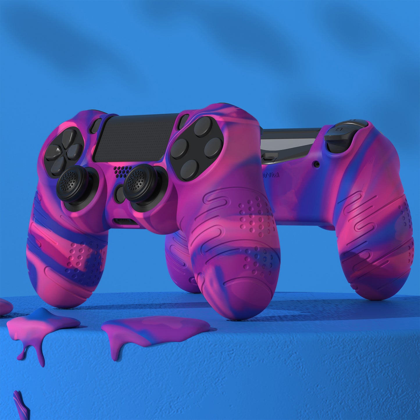 PlayVital Line & Dot シリコン カバー スキン サムグリップキャップ付き PS4 Slim Pro コントローラー用【ピンク&パープル&ブルー】