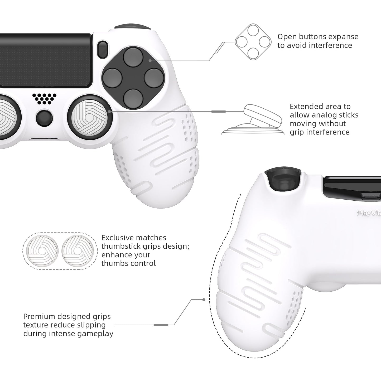 PlayVital Line & Dot シリコン カバー スキン サムグリップキャップ付き PS4 Slim Pro コントローラー用【ホワイト】