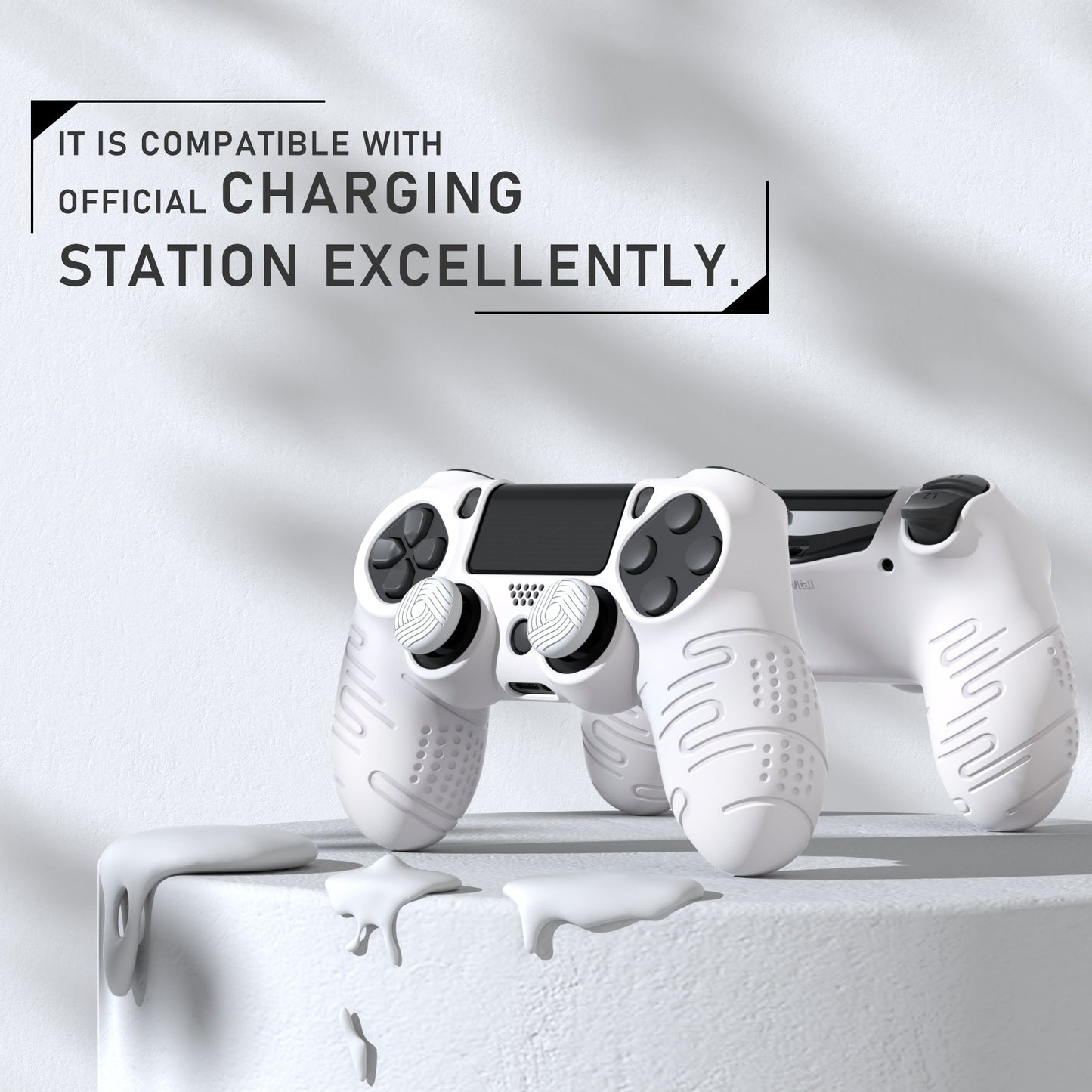 PlayVital Line & Dot シリコン カバー スキン サムグリップキャップ付き PS4 Slim Pro コントローラー用【ホワイト】