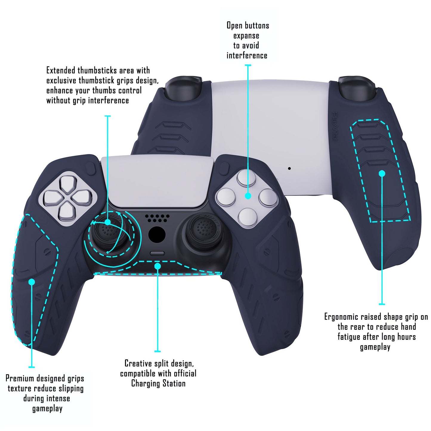 PlayVital Mecha Edition Anti-Slip Silicone Cover Skin with Thumb Grip Caps for PS5 Wireless Controller - Compatible with Charging Station - Midnight Blue - JGPF003 PlayVital