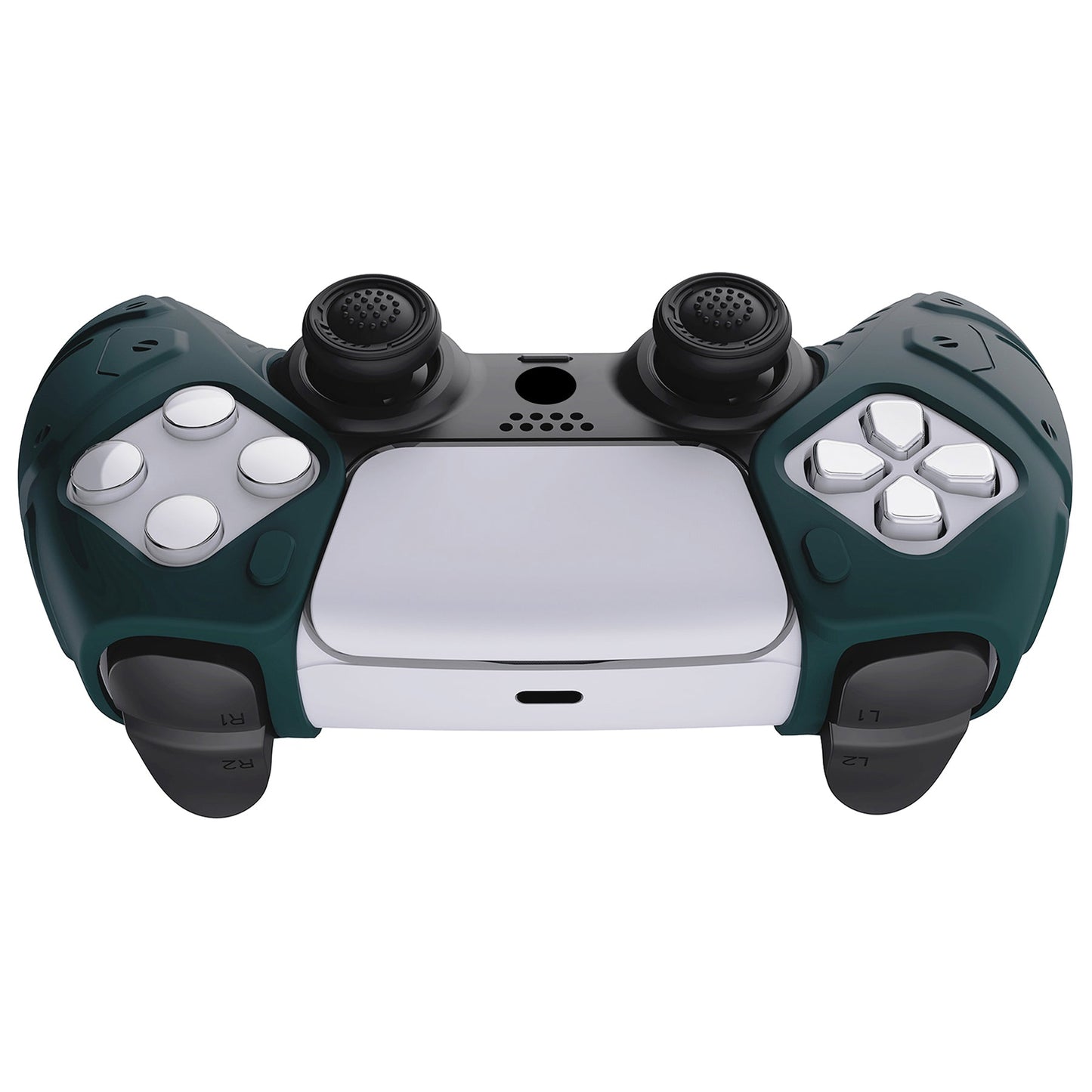PlayVital Mecha Edition Anti-Slip Silicone Cover Skin with Thumb Grip Caps for PS5 Wireless Controller - Compatible with Charging Station - Racing Green - JGPF004 PlayVital