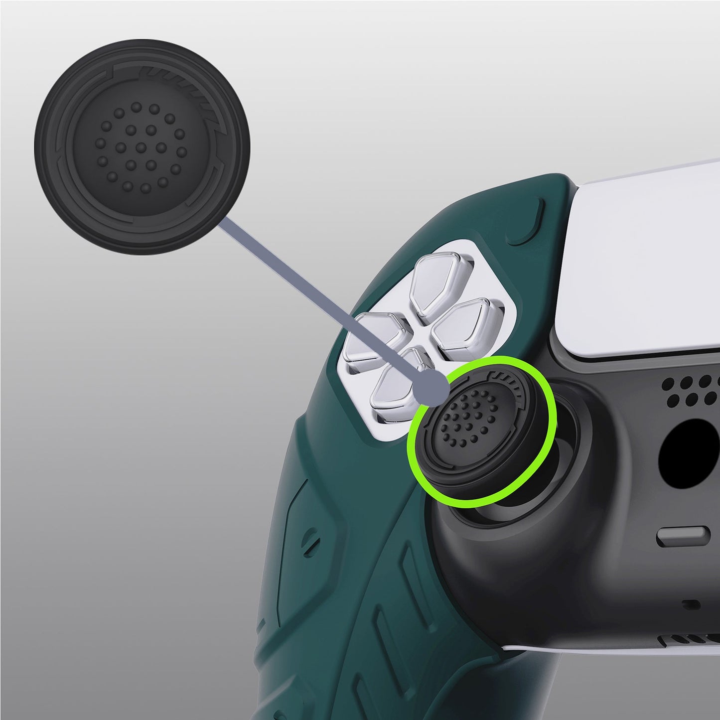 PlayVital Mecha Edition Anti-Slip Silicone Cover Skin with Thumb Grip Caps for PS5 Wireless Controller - Compatible with Charging Station - Racing Green - JGPF004 PlayVital