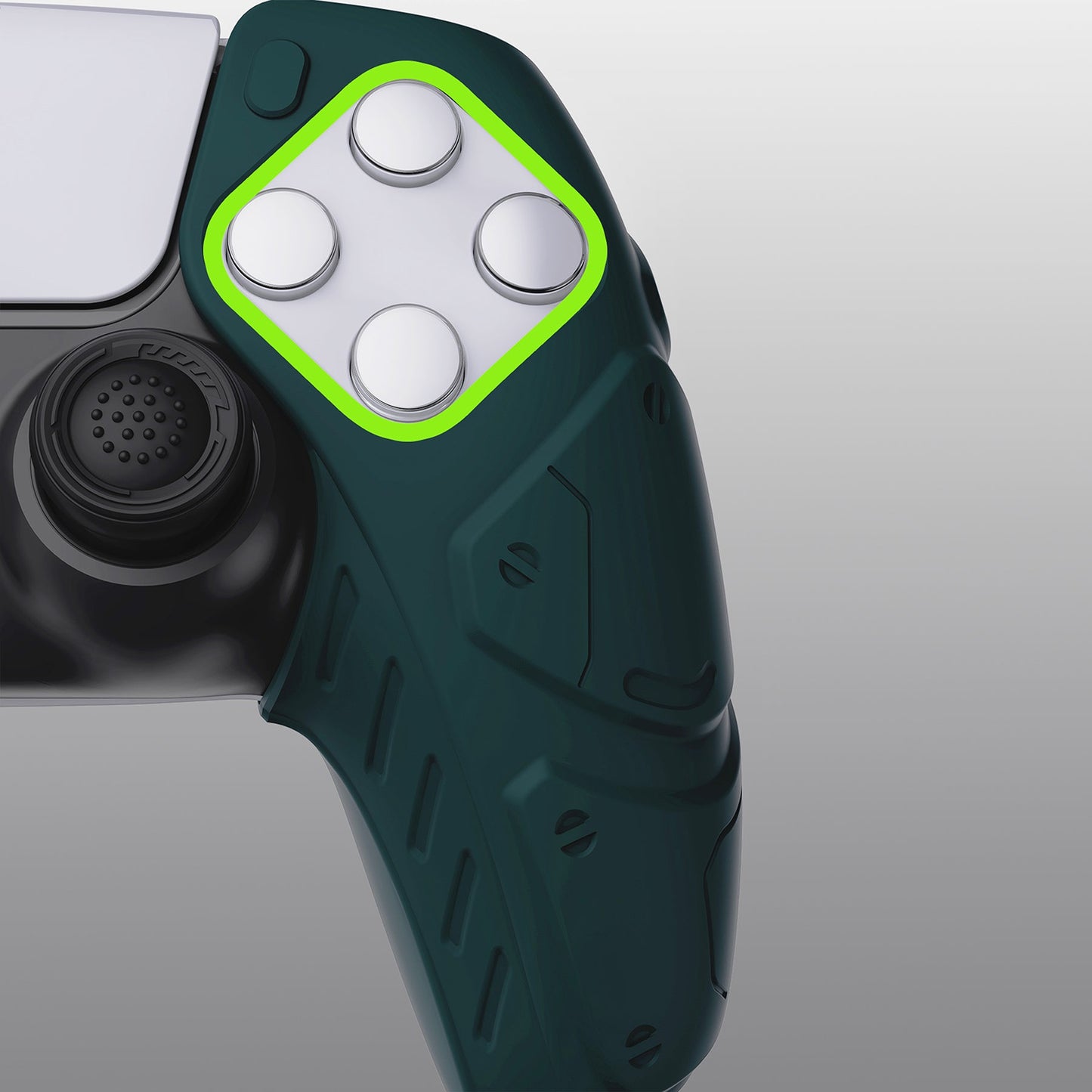 PlayVital Mecha Edition Anti-Slip Silicone Cover Skin with Thumb Grip Caps for PS5 Wireless Controller - Compatible with Charging Station - Racing Green - JGPF004 PlayVital