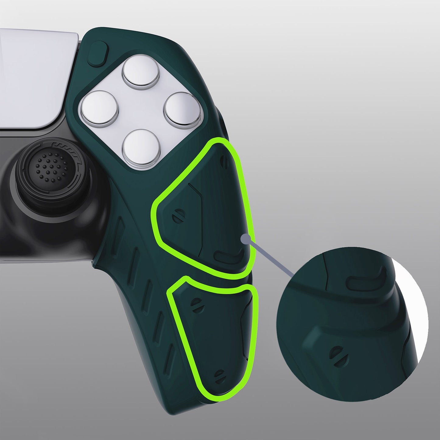 PlayVital Mecha Edition Anti-Slip Silicone Cover Skin with Thumb Grip Caps for PS5 Wireless Controller - Compatible with Charging Station - Racing Green - JGPF004 PlayVital