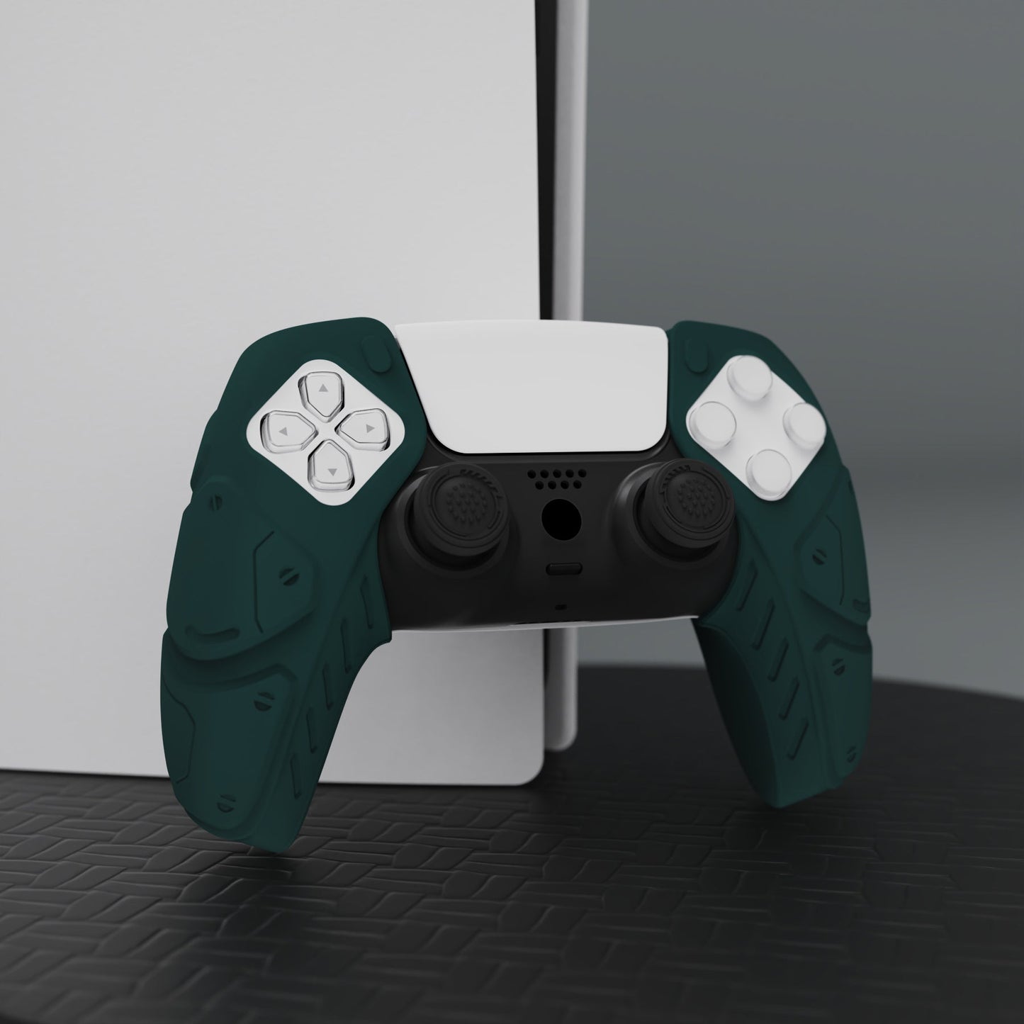 PlayVital Mecha Edition Anti-Slip Silicone Cover Skin with Thumb Grip Caps for PS5 Wireless Controller - Compatible with Charging Station - Racing Green - JGPF004 PlayVital
