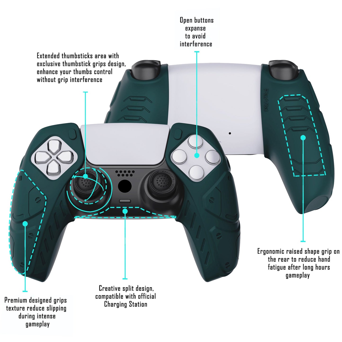 PlayVital Mecha Edition Anti-Slip Silicone Cover Skin with Thumb Grip Caps for PS5 Wireless Controller - Compatible with Charging Station - Racing Green - JGPF004 PlayVital