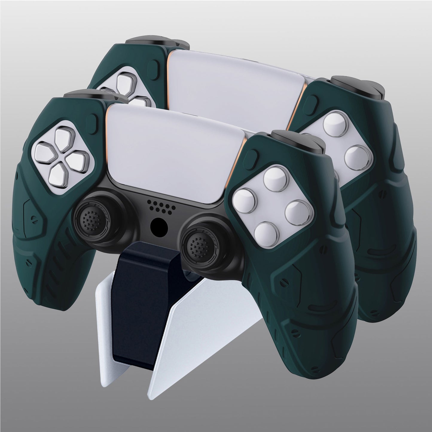 PlayVital Mecha Edition Anti-Slip Silicone Cover Skin with Thumb Grip Caps for PS5 Wireless Controller - Compatible with Charging Station - Racing Green - JGPF004 PlayVital