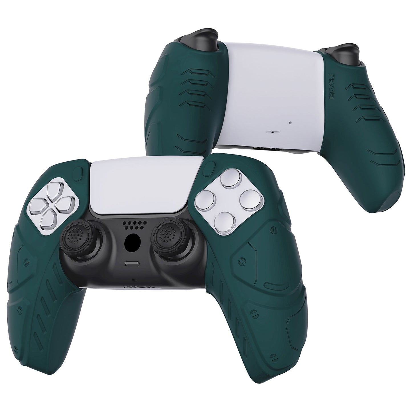 PlayVital Mecha Edition Anti-Slip Silicone Cover Skin with Thumb Grip Caps for PS5 Wireless Controller - Compatible with Charging Station - Racing Green - JGPF004 PlayVital