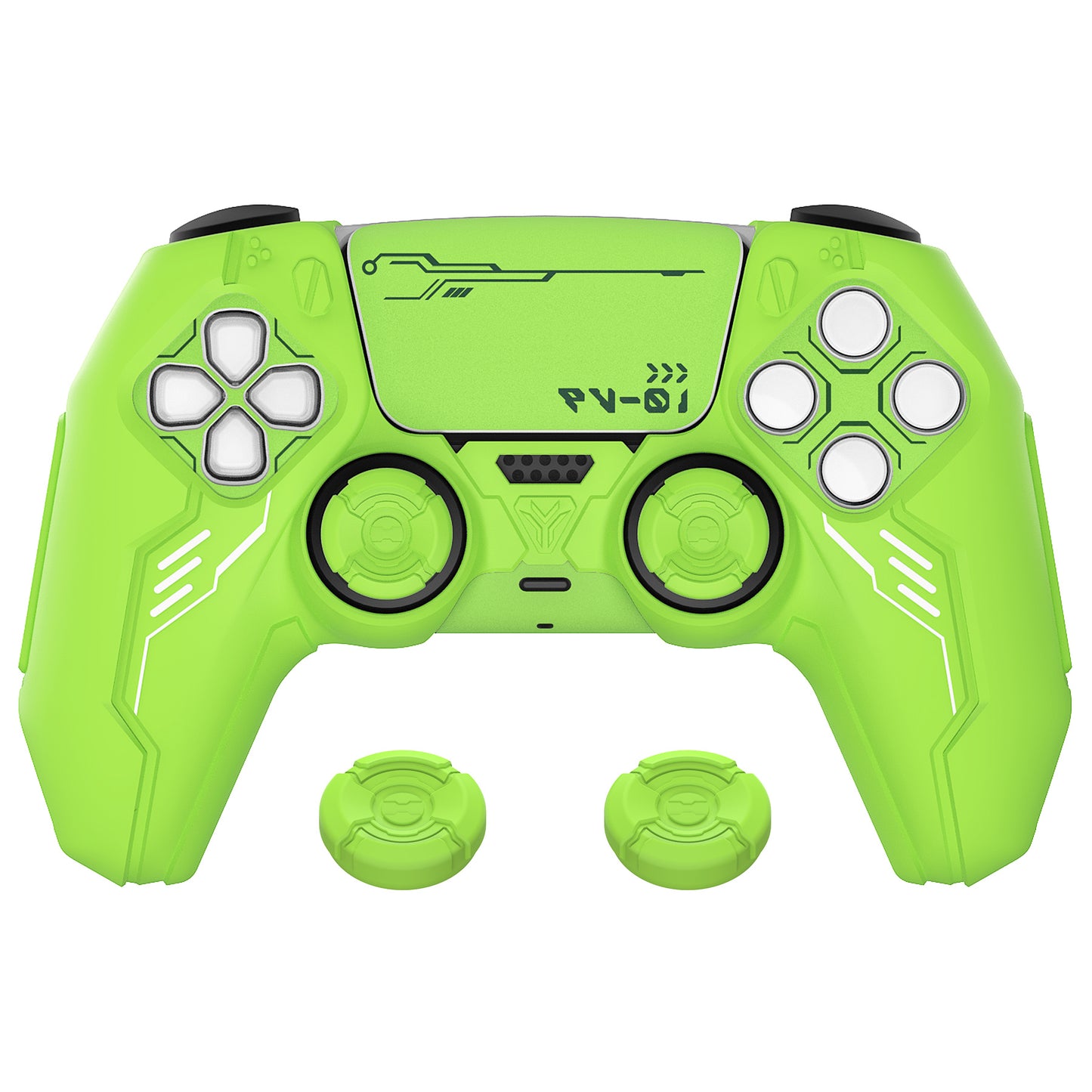 PlayVital Mecha Edition シリコンカバー with 2 ジョイスティックキャップと 6 ステッカー for PS5 コントローラー - 充電ステーション対応【ネオングリーン】