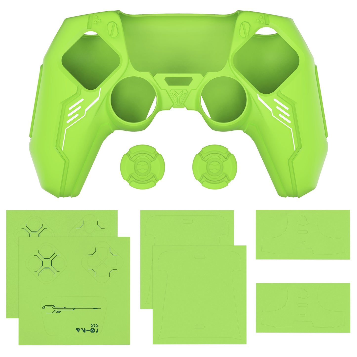 PlayVital Mecha Edition シリコンカバー with 2 ジョイスティックキャップと 6 ステッカー for PS5 コントローラー - 充電ステーション対応【ネオングリーン】