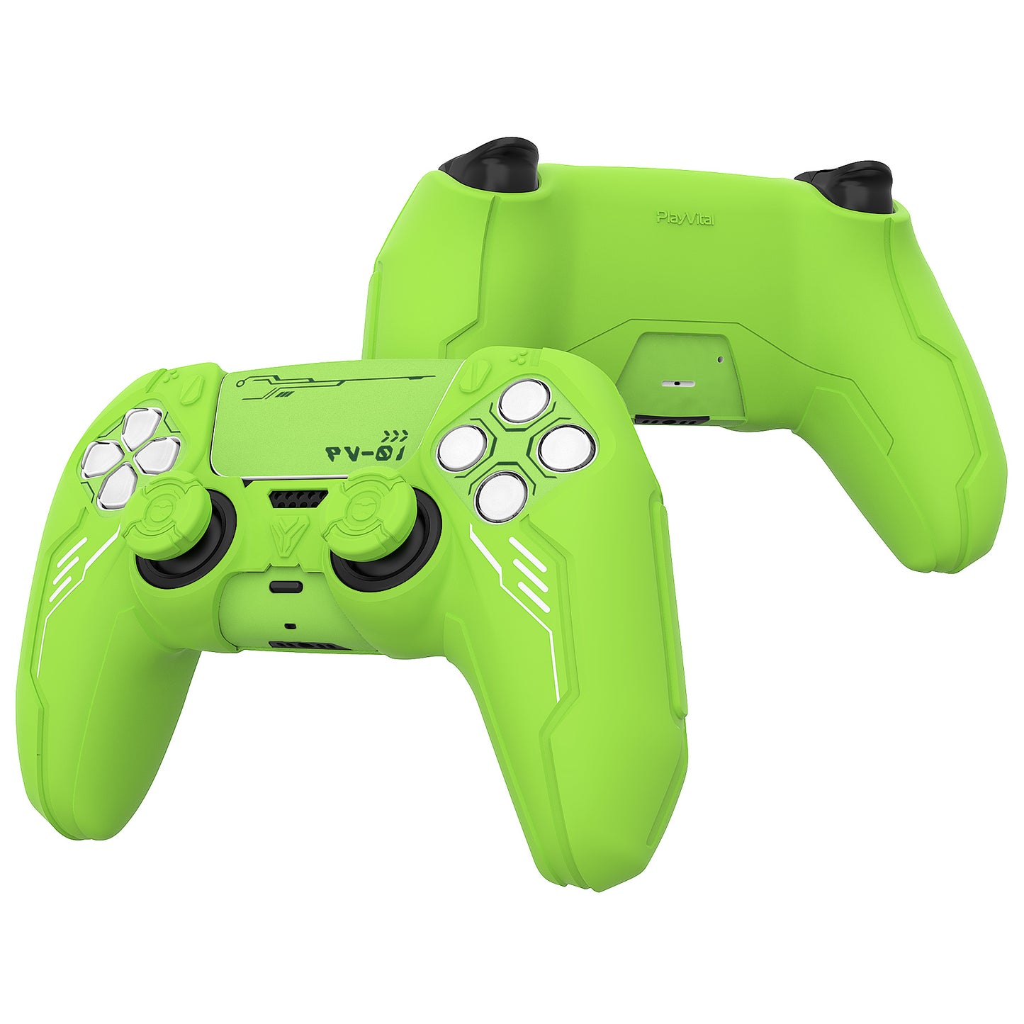 PlayVital Mecha Edition シリコンカバー with 2 ジョイスティックキャップと 6 ステッカー for PS5 コントローラー - 充電ステーション対応【ネオングリーン】