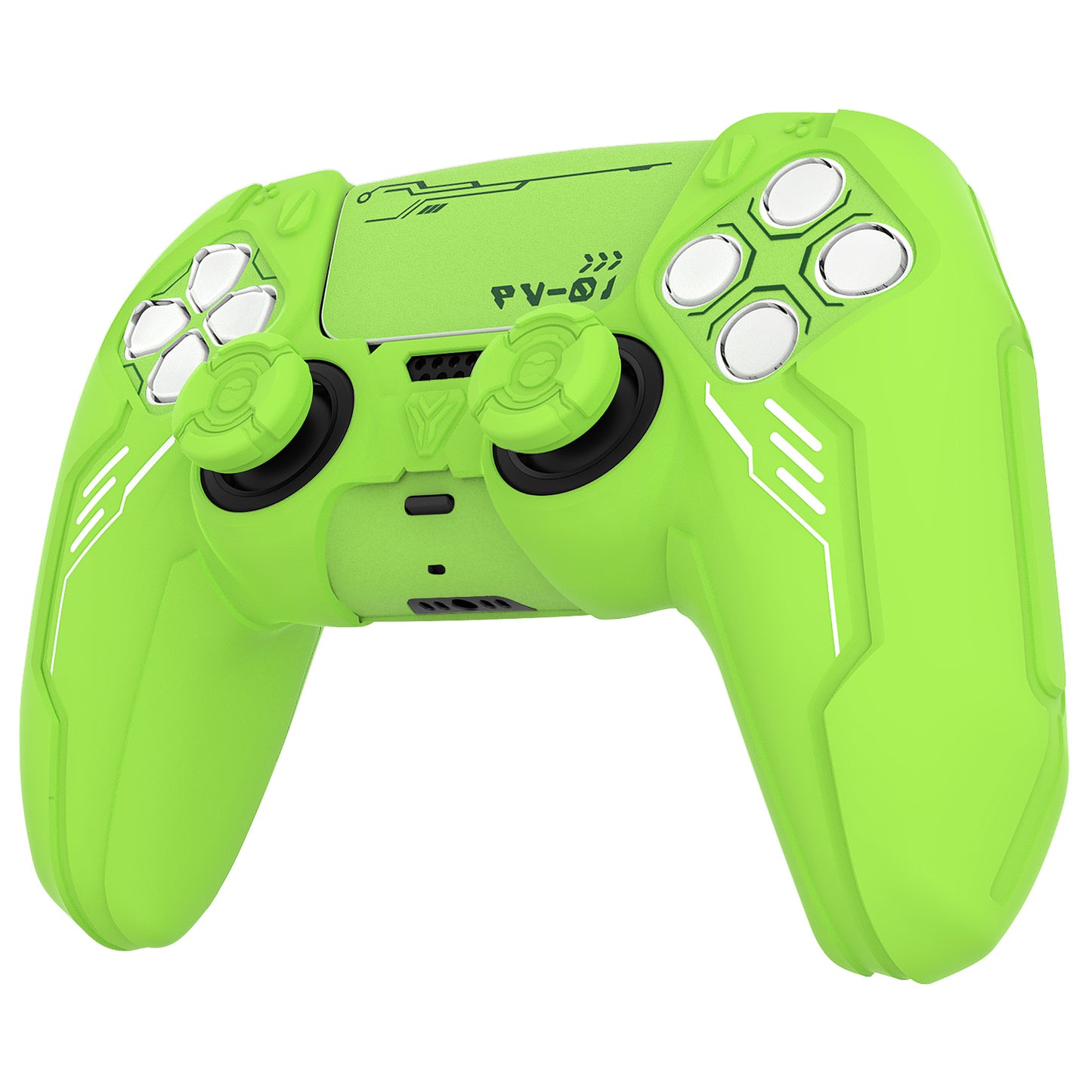 PlayVital Mecha Edition シリコンカバー with 2 ジョイスティックキャップと 6 ステッカー for PS5 コントローラー - 充電ステーション対応【ネオングリーン】
