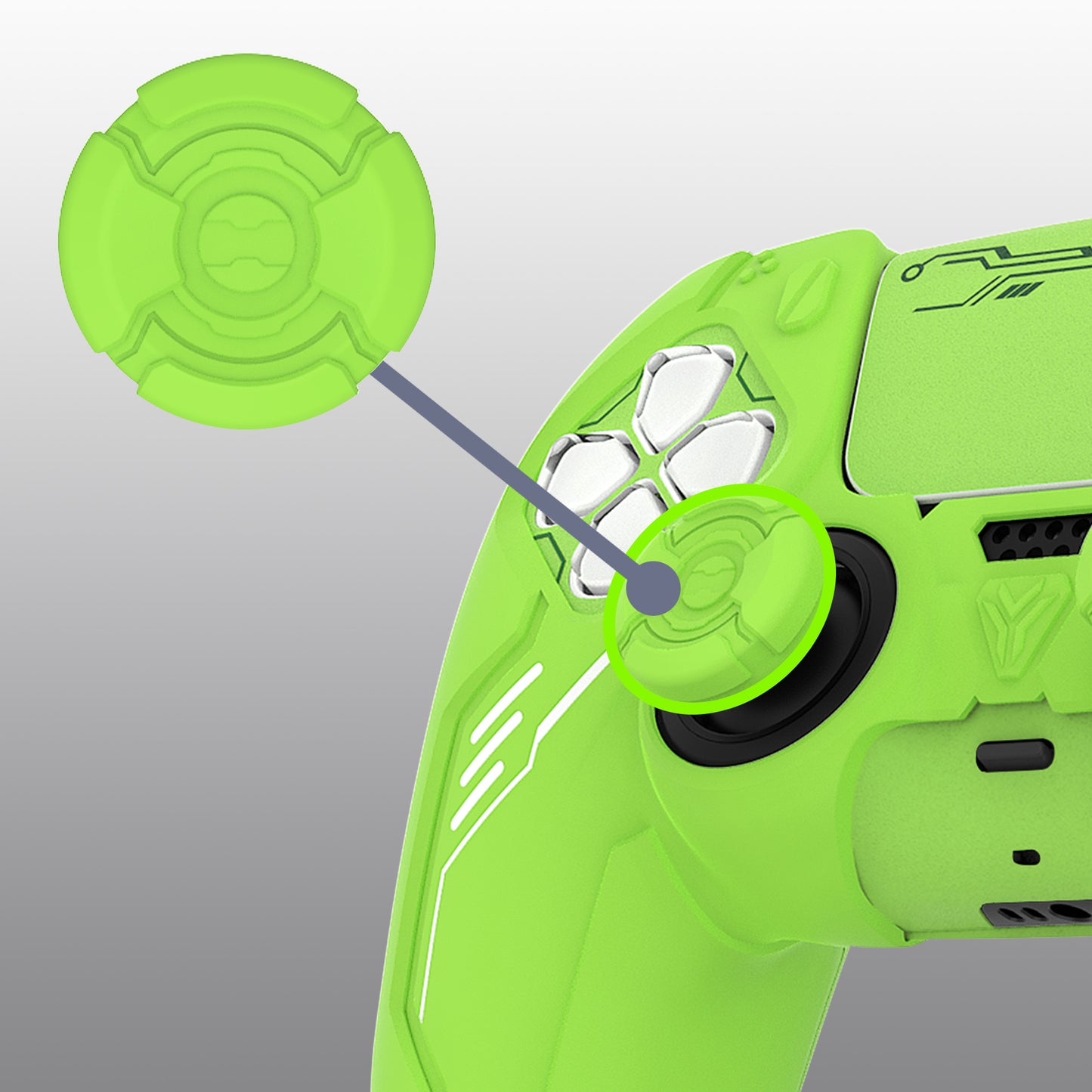 PlayVital Mecha Edition シリコンカバー with 2 ジョイスティックキャップと 6 ステッカー for PS5 コントローラー - 充電ステーション対応【ネオングリーン】