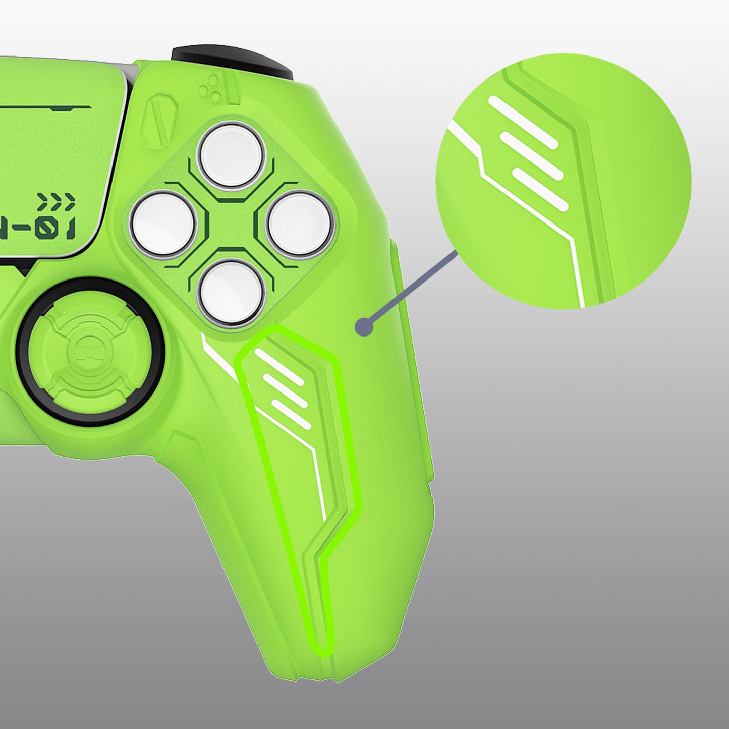 PlayVital Mecha Edition シリコンカバー with 2 ジョイスティックキャップと 6 ステッカー for PS5 コントローラー - 充電ステーション対応【ネオングリーン】